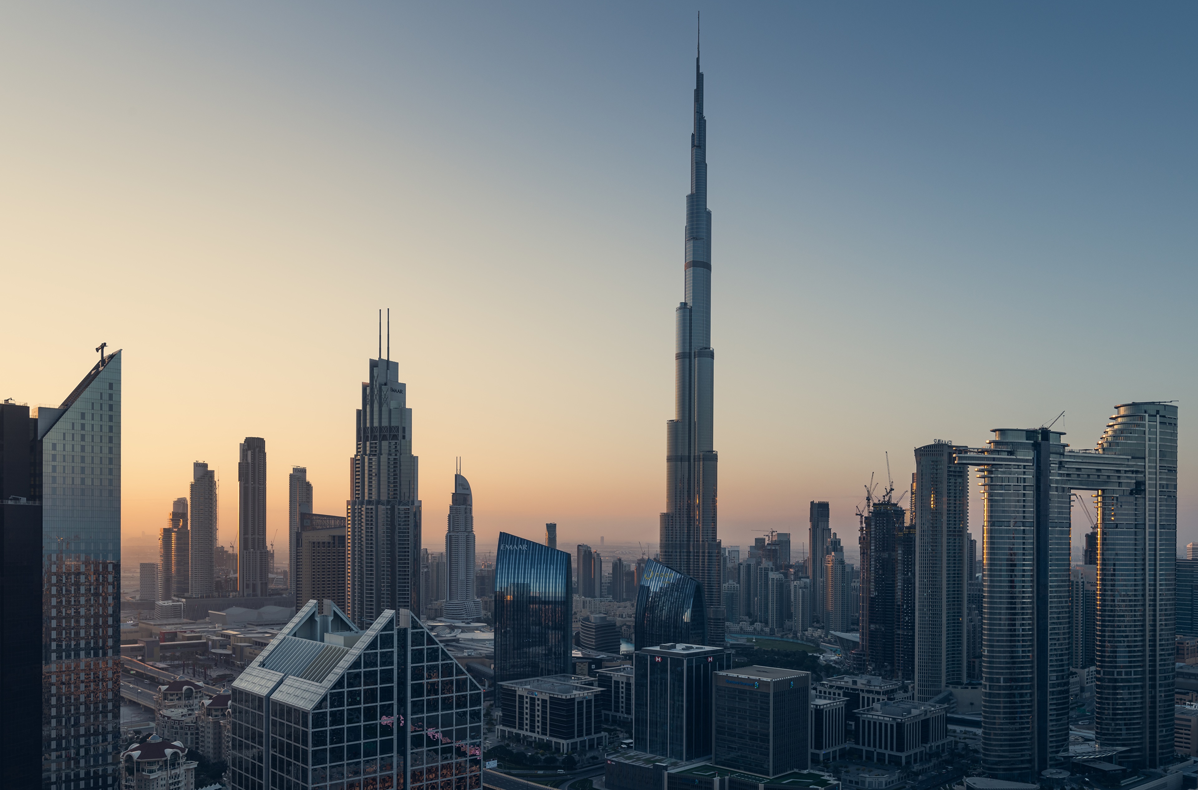 Dubai Skyscrapers and Burj Khalifa at Sunrise HD Wallpaper
