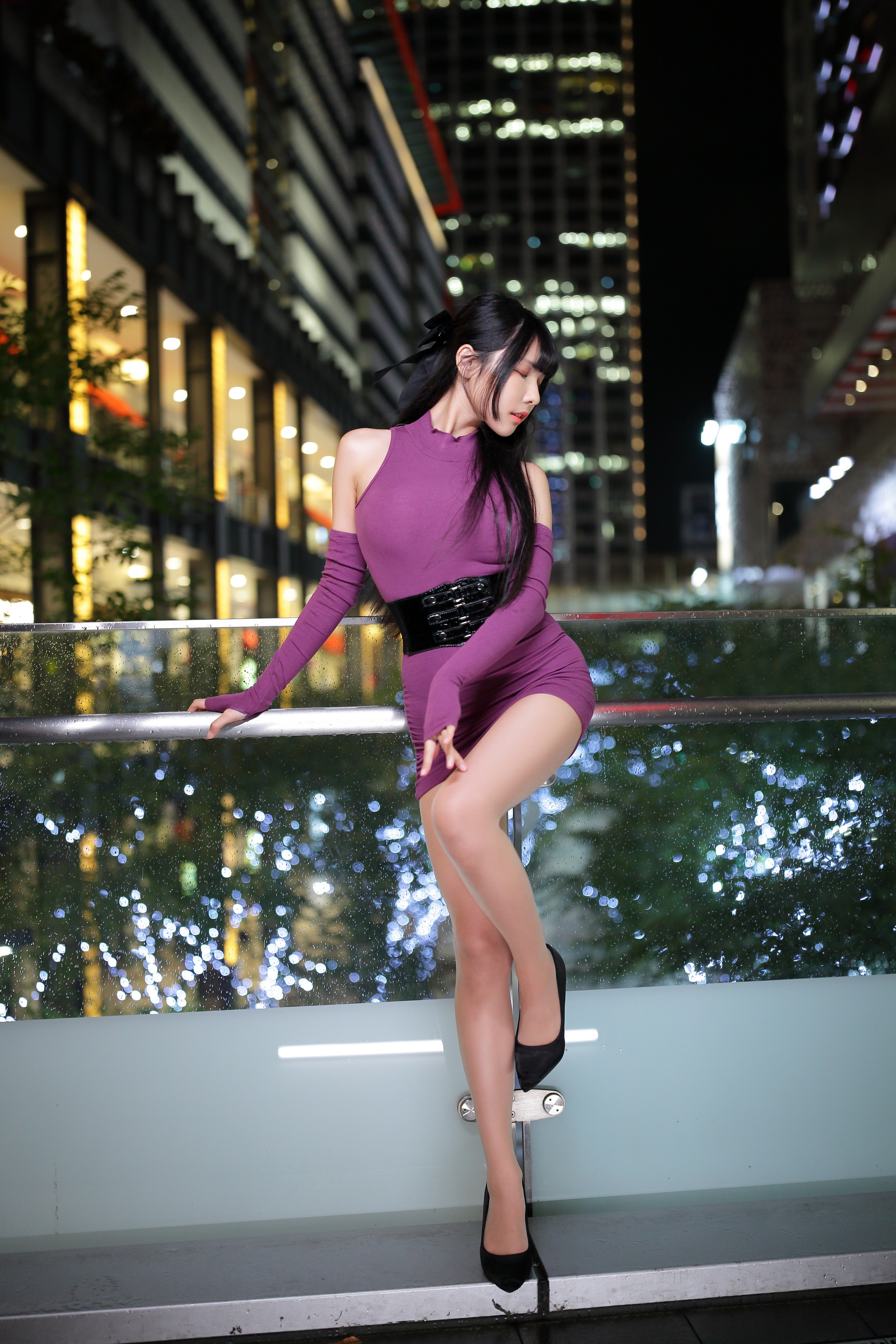 Asian woman in purple dress posing at night HD Phone Wallpaper