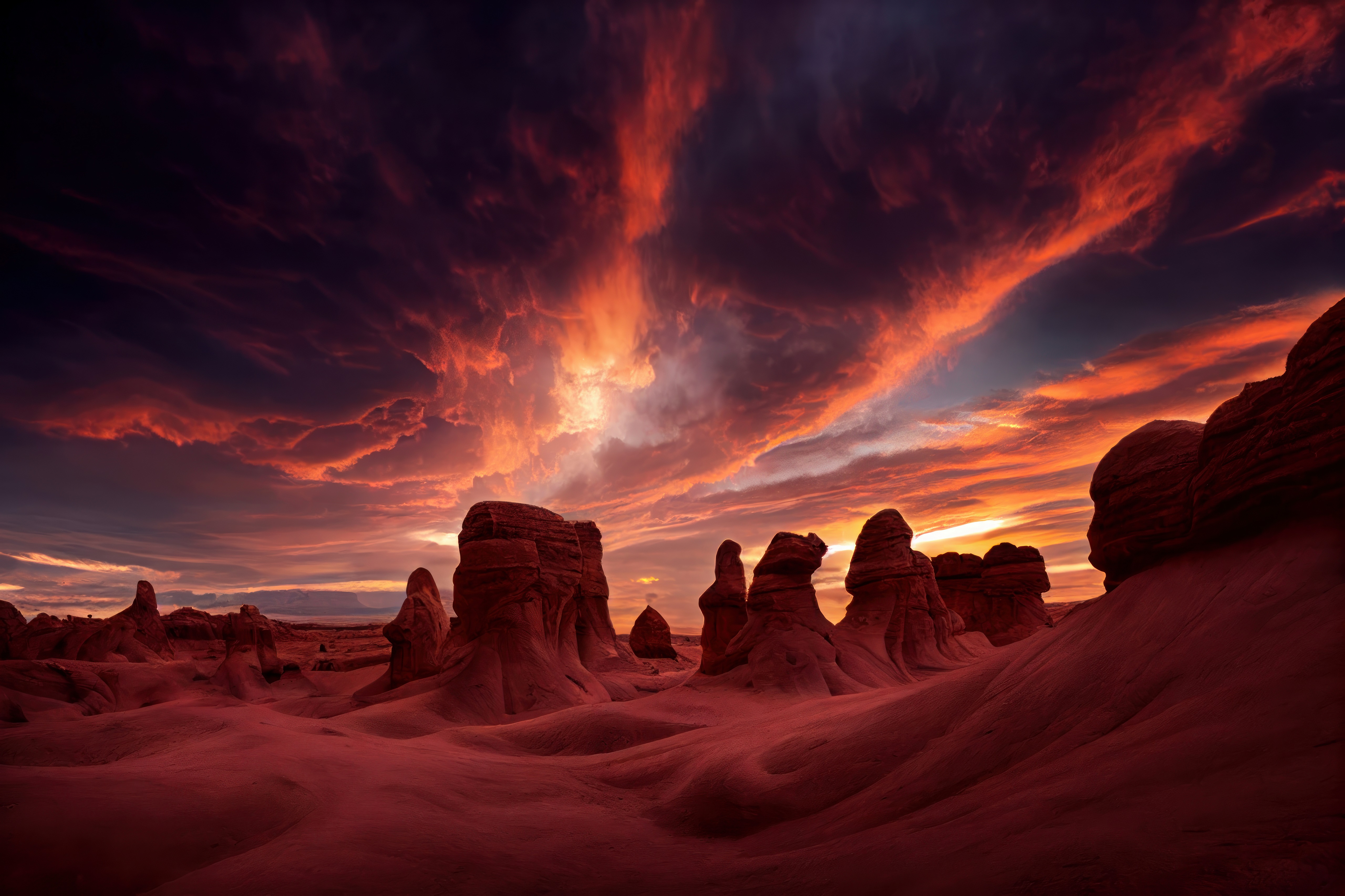Sunset over desert rock formations HD Wallpaper