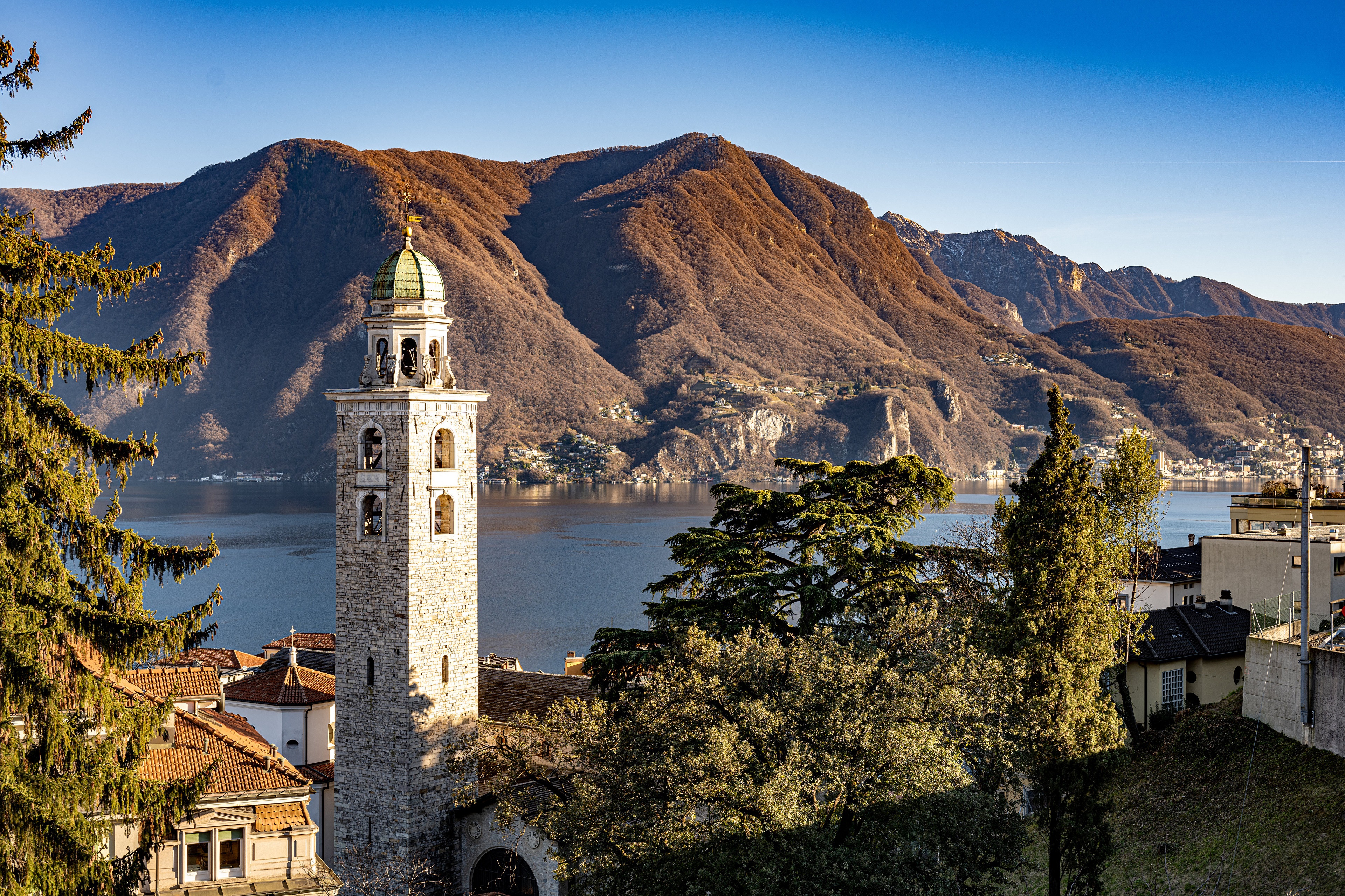 Church tower and lake in Lugano, Switzerland HD Wallpaper