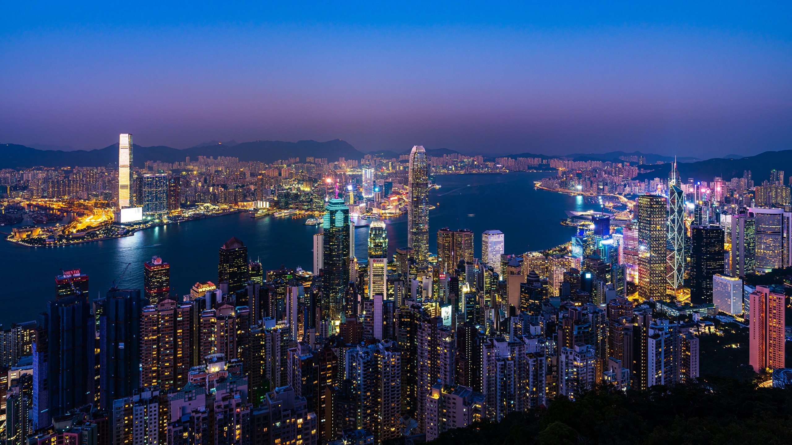 Hong Kong skyscrapers at night with harbor HD Wallpaper