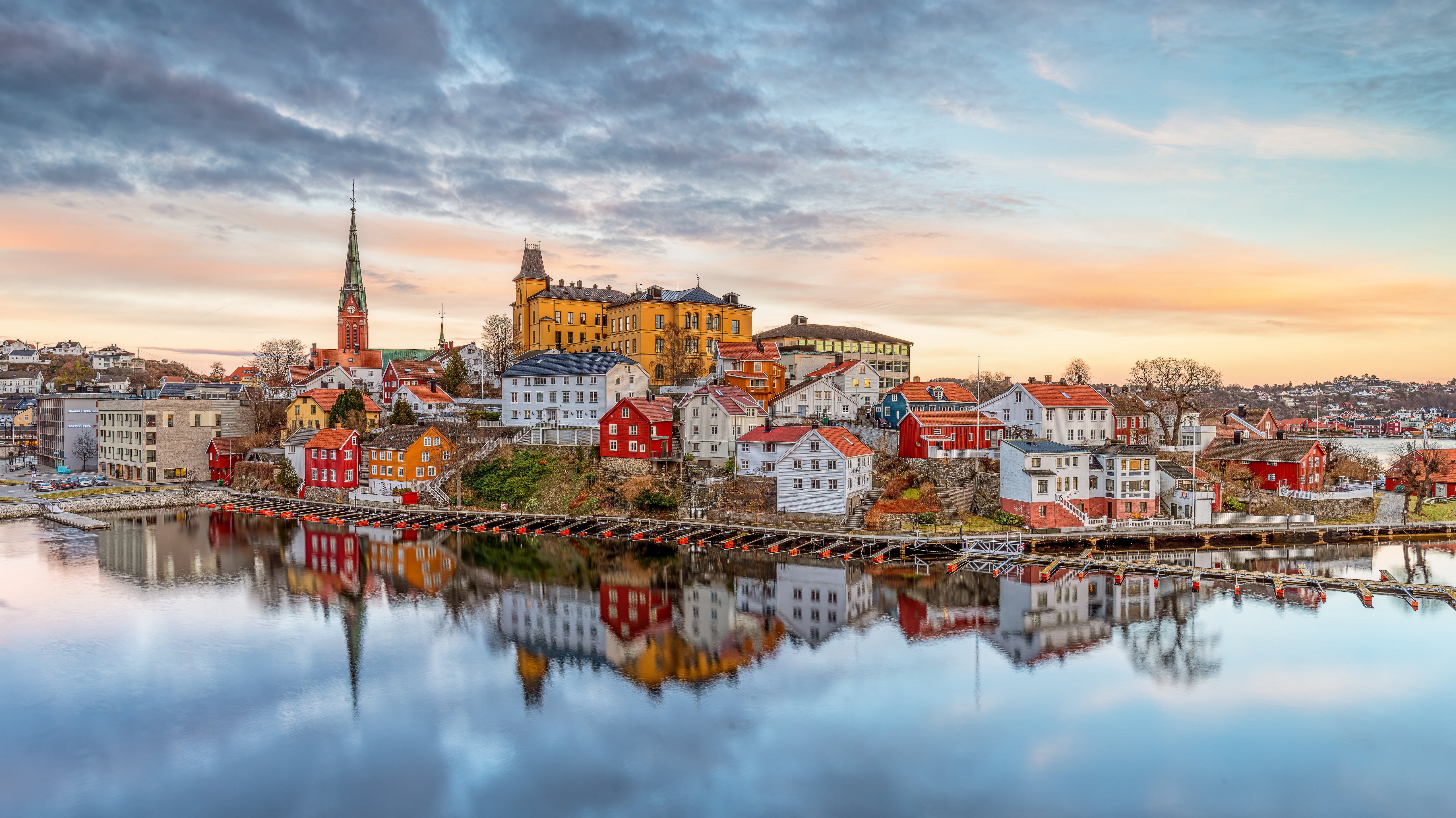 Arendal, Norway waterfront with colorful houses and reflection HD Wallpaper