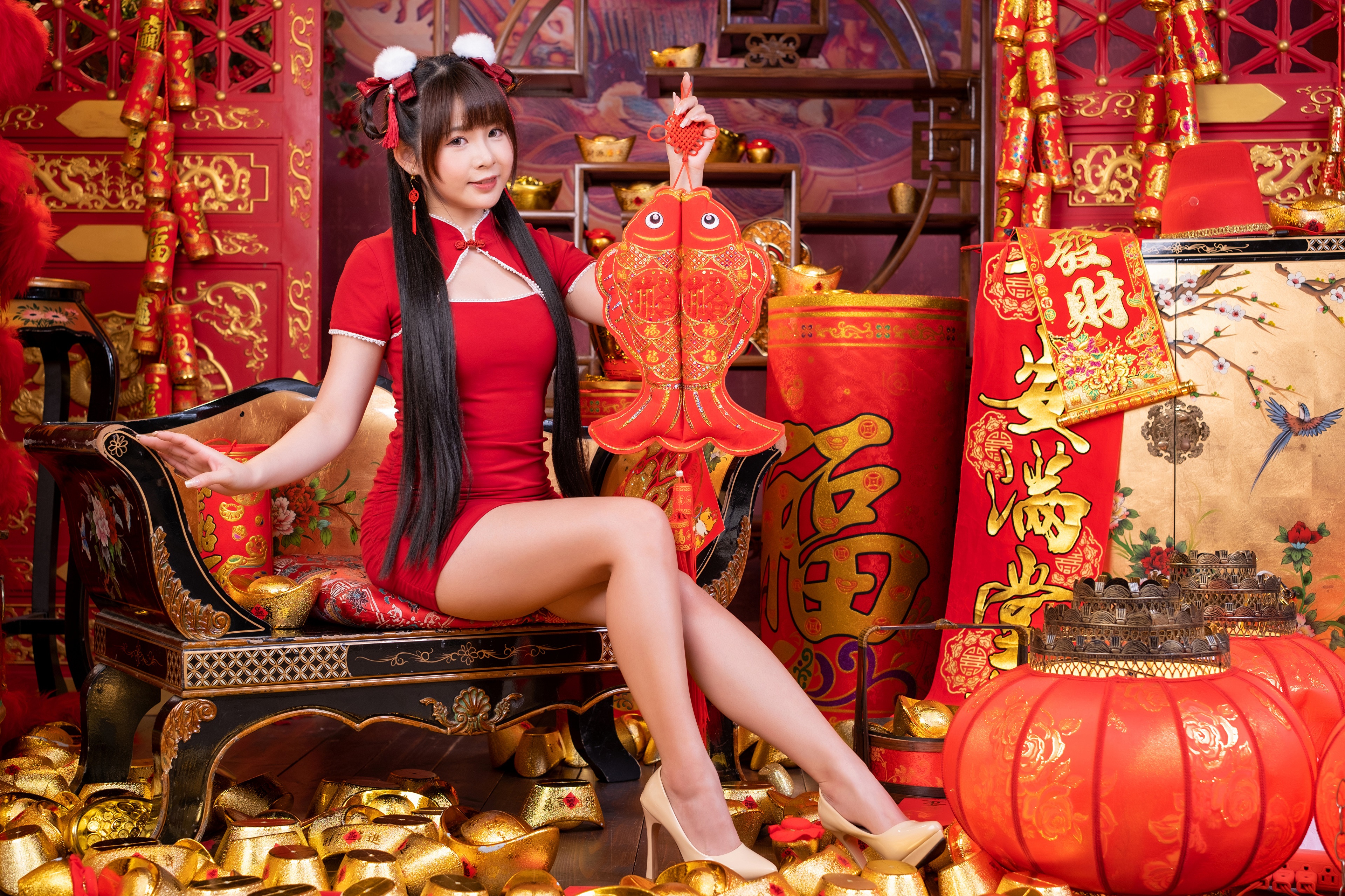 Woman in red dress with Chinese New Year decorations HD Wallpaper