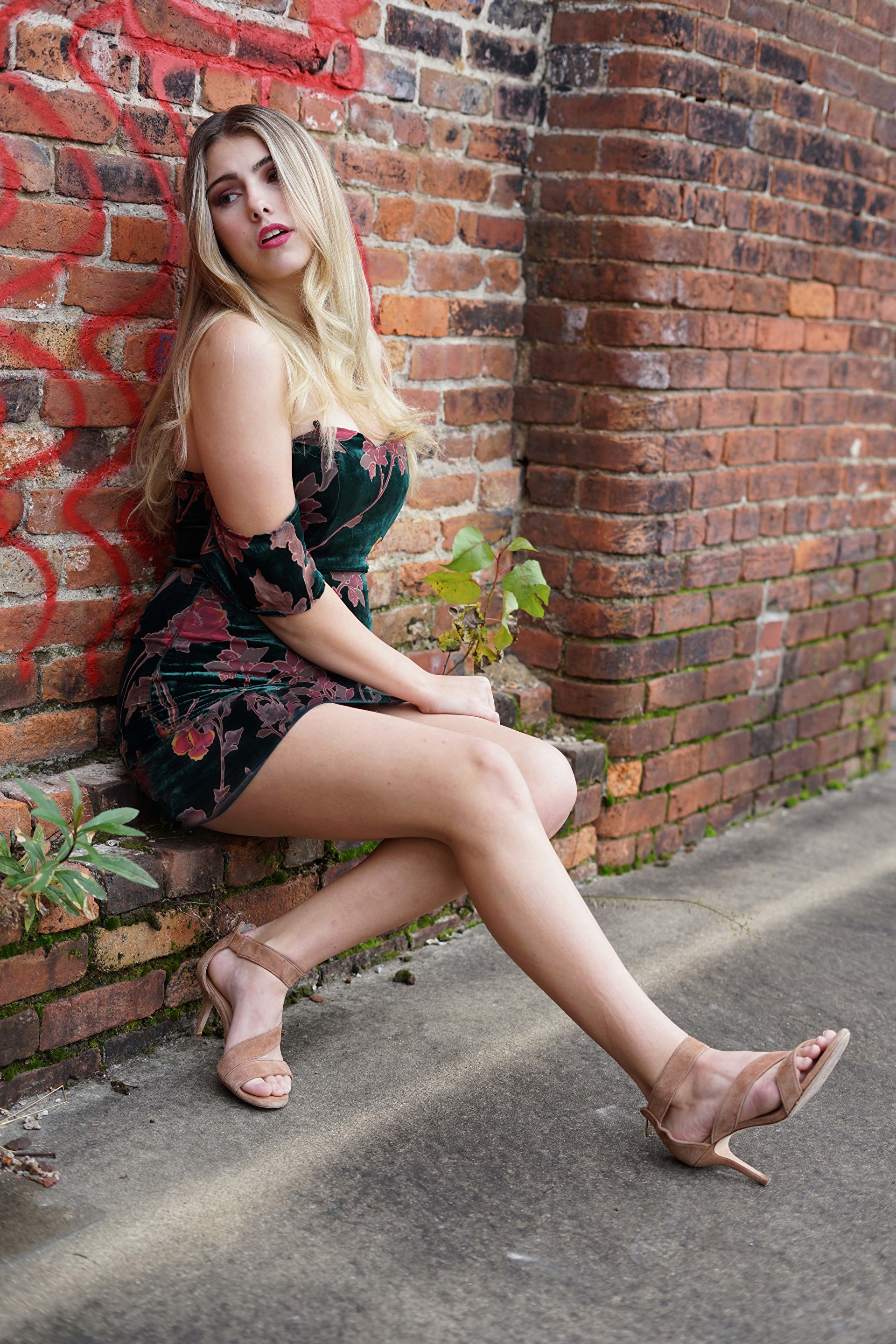 Alicia posing by a brick wall HD Phone Wallpaper