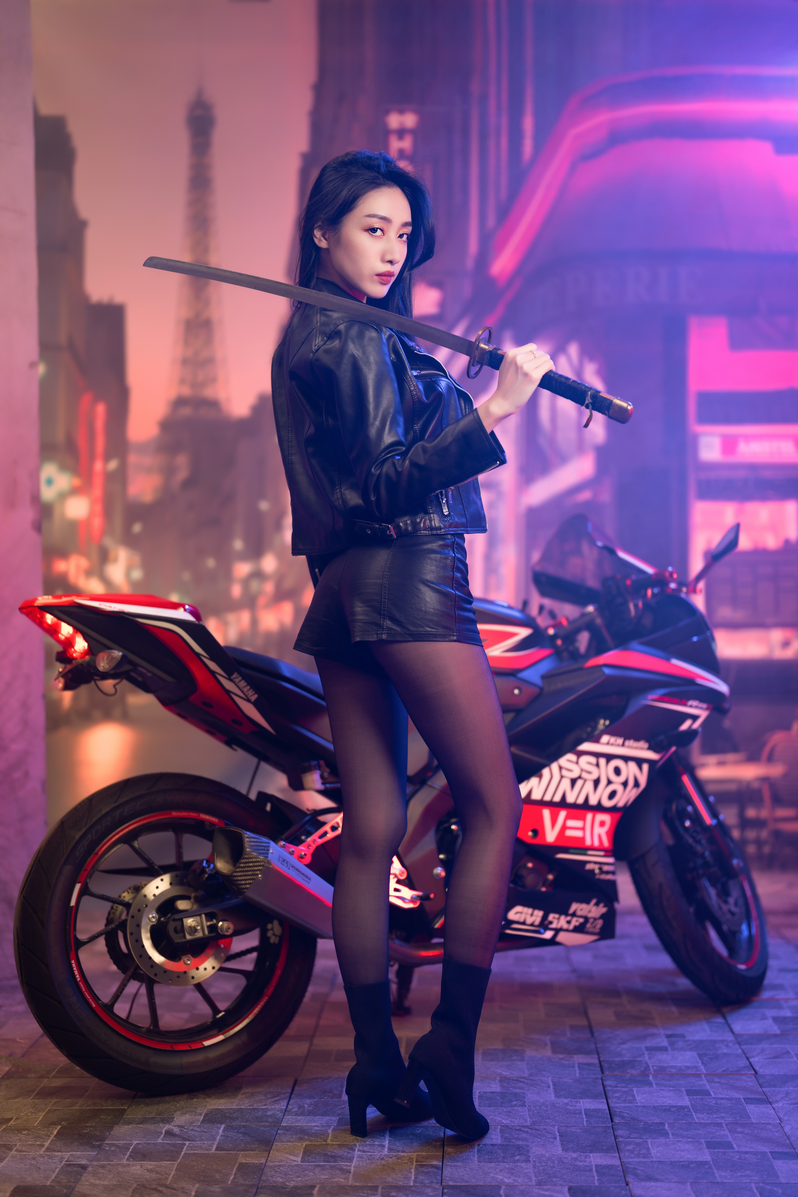 Asian woman with katana and motorcycle in Paris HD Phone Wallpaper