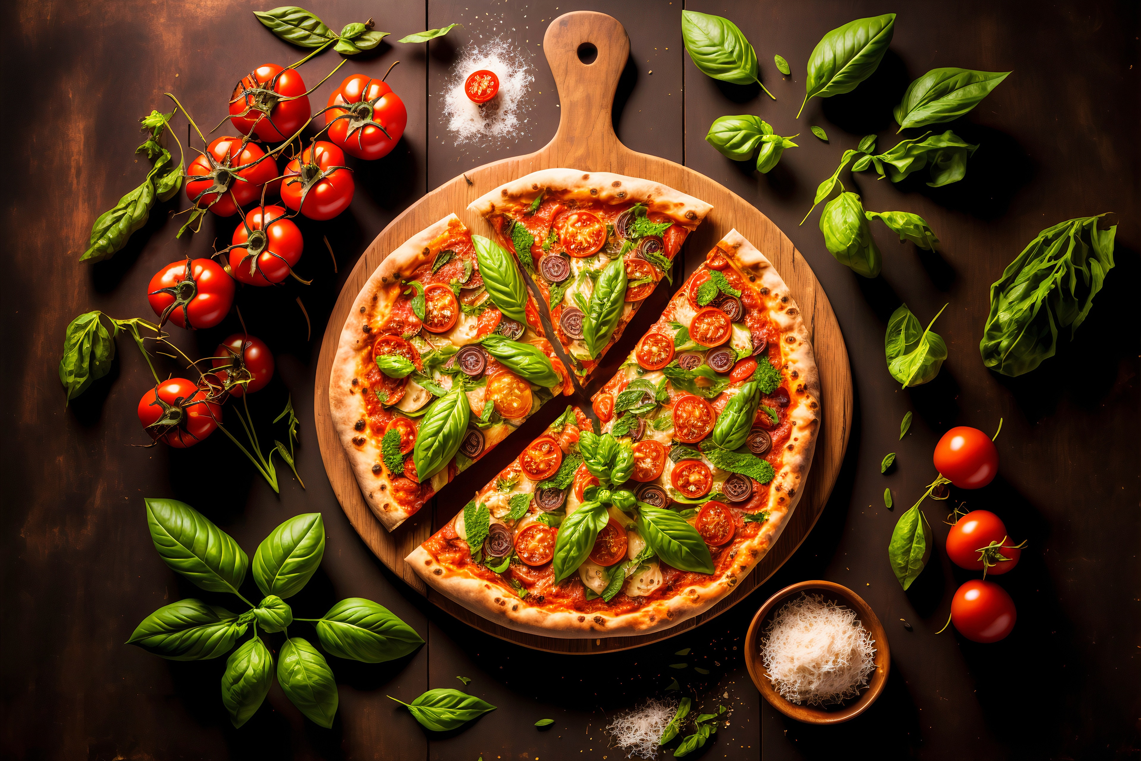 4K Pizza with Tomatoes and Basil on Cutting Board HD Wallpaper