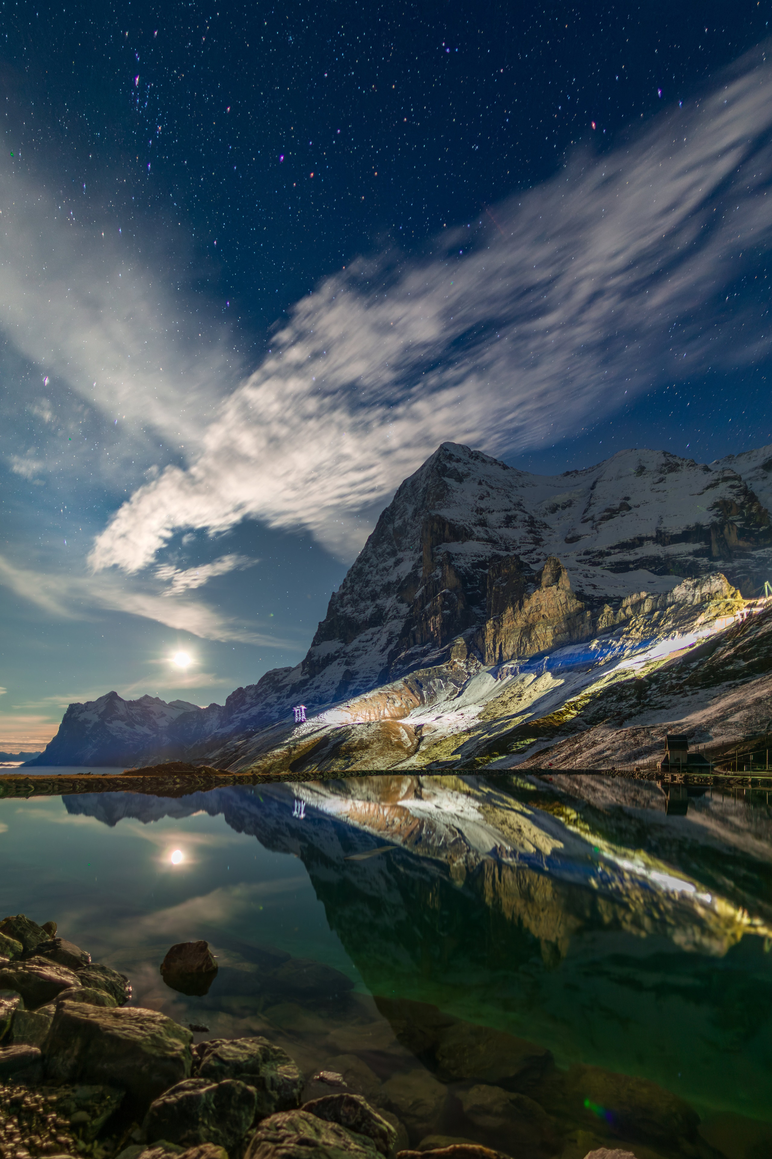 Moonlit Mountains Reflecting in Fallbodensee, Switzerland HD Phone Wallpaper