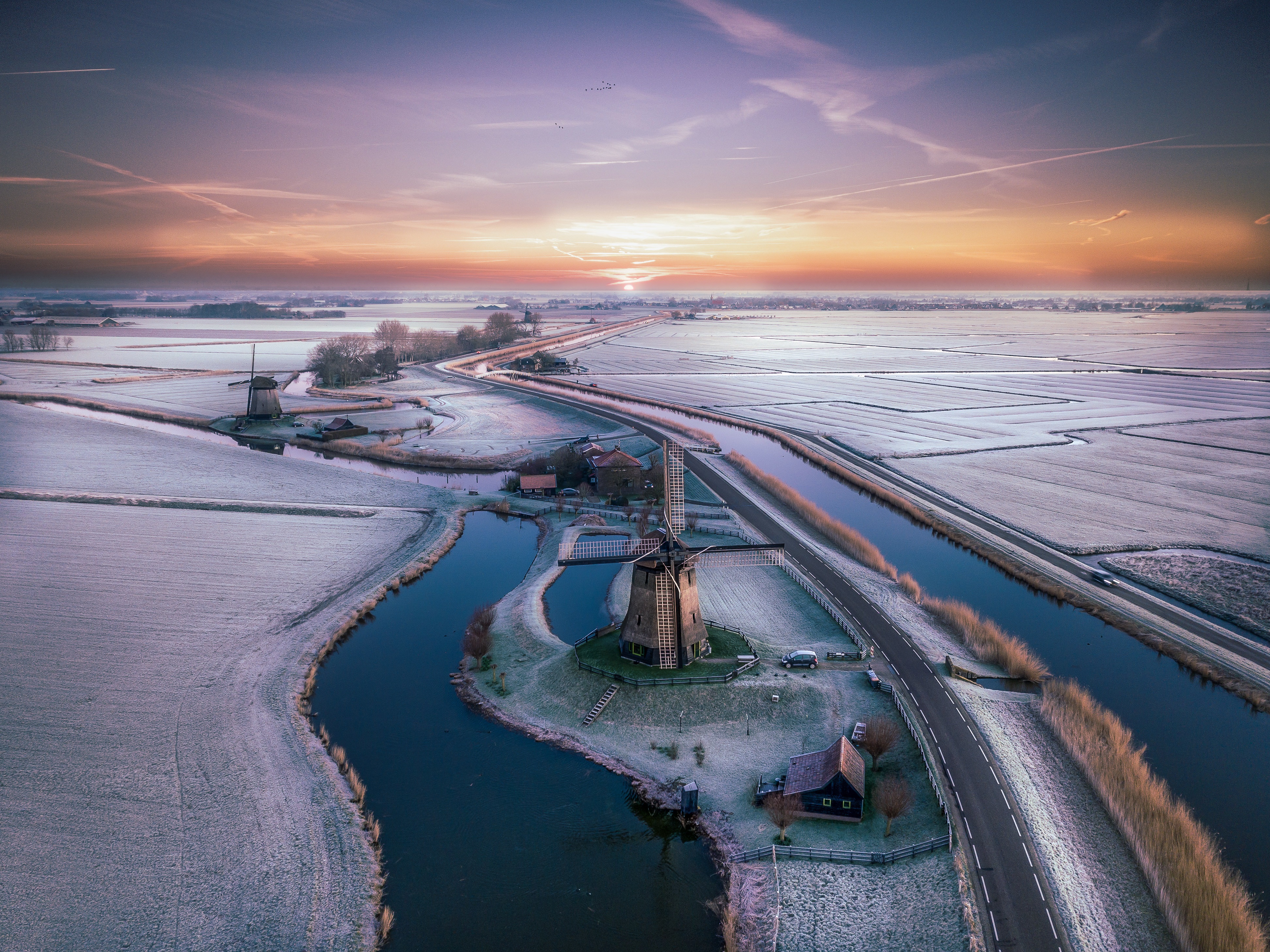 4K Schermerhorn Netherlands Winter Canal Mill Snow From Above HD Wallpaper