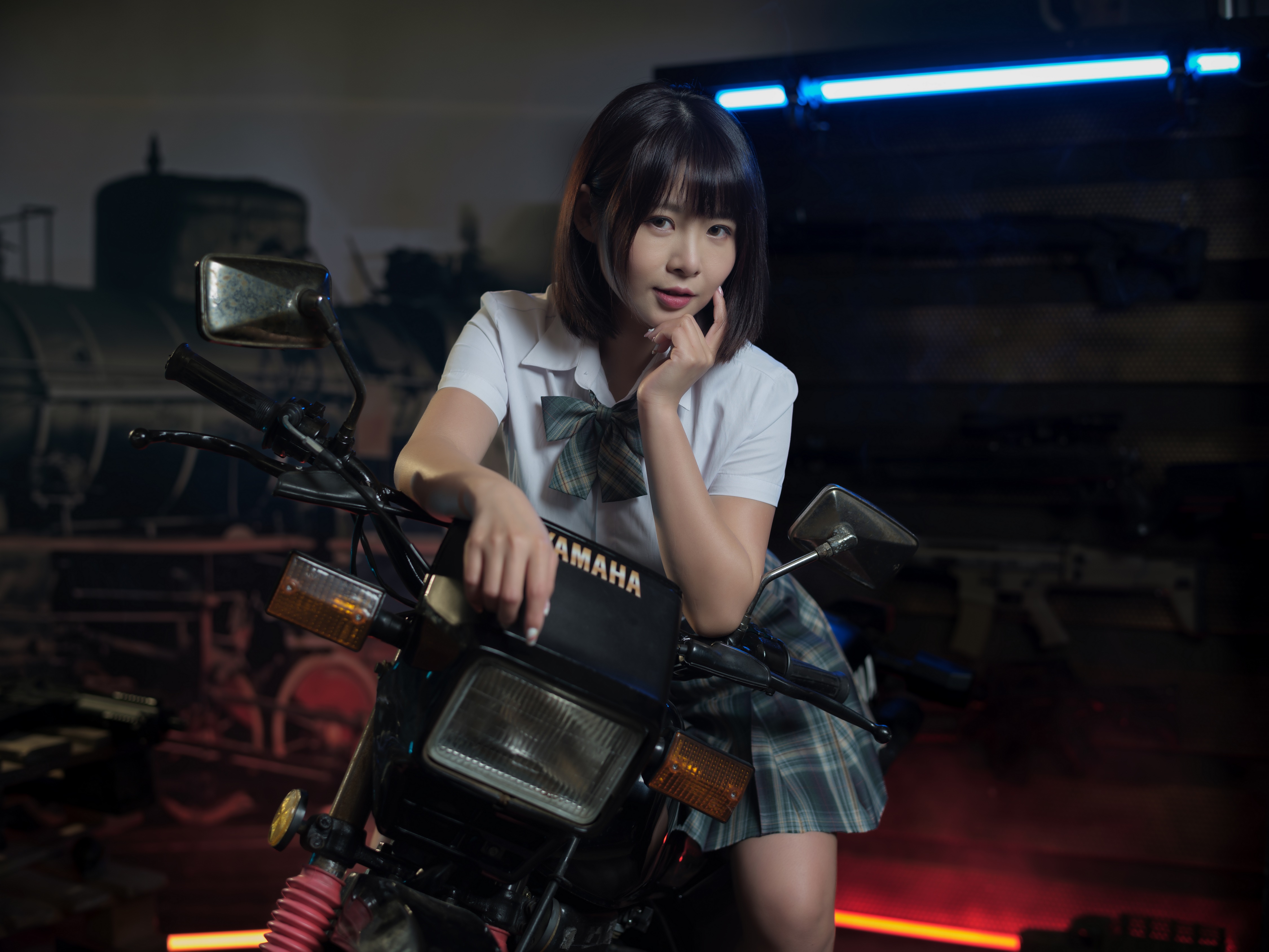 Brunette girl in school uniform on a Yamaha motorcycle HD Wallpaper