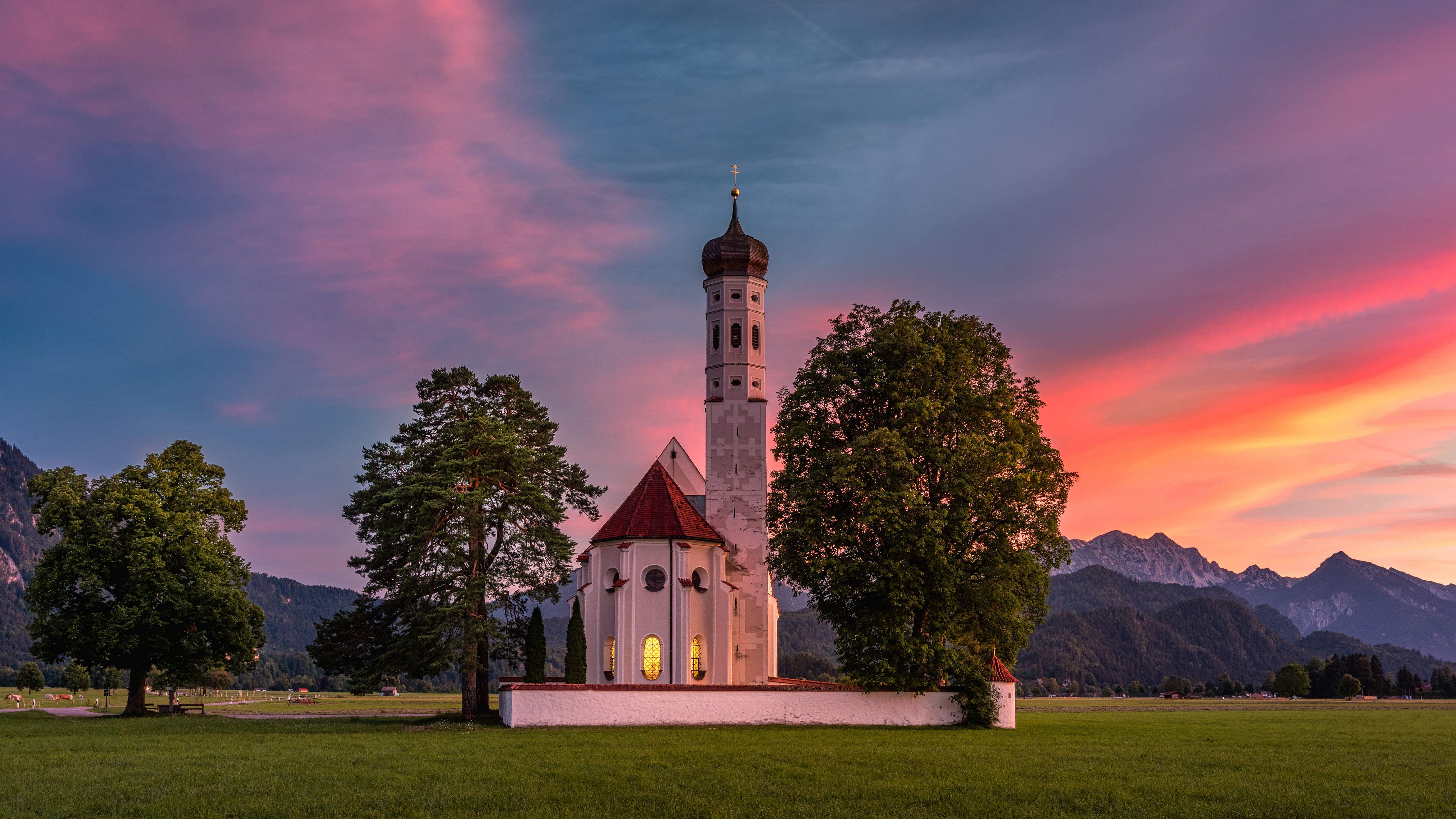 Church in Schwangau, Bavaria, Germany at Sunset HD Wallpaper