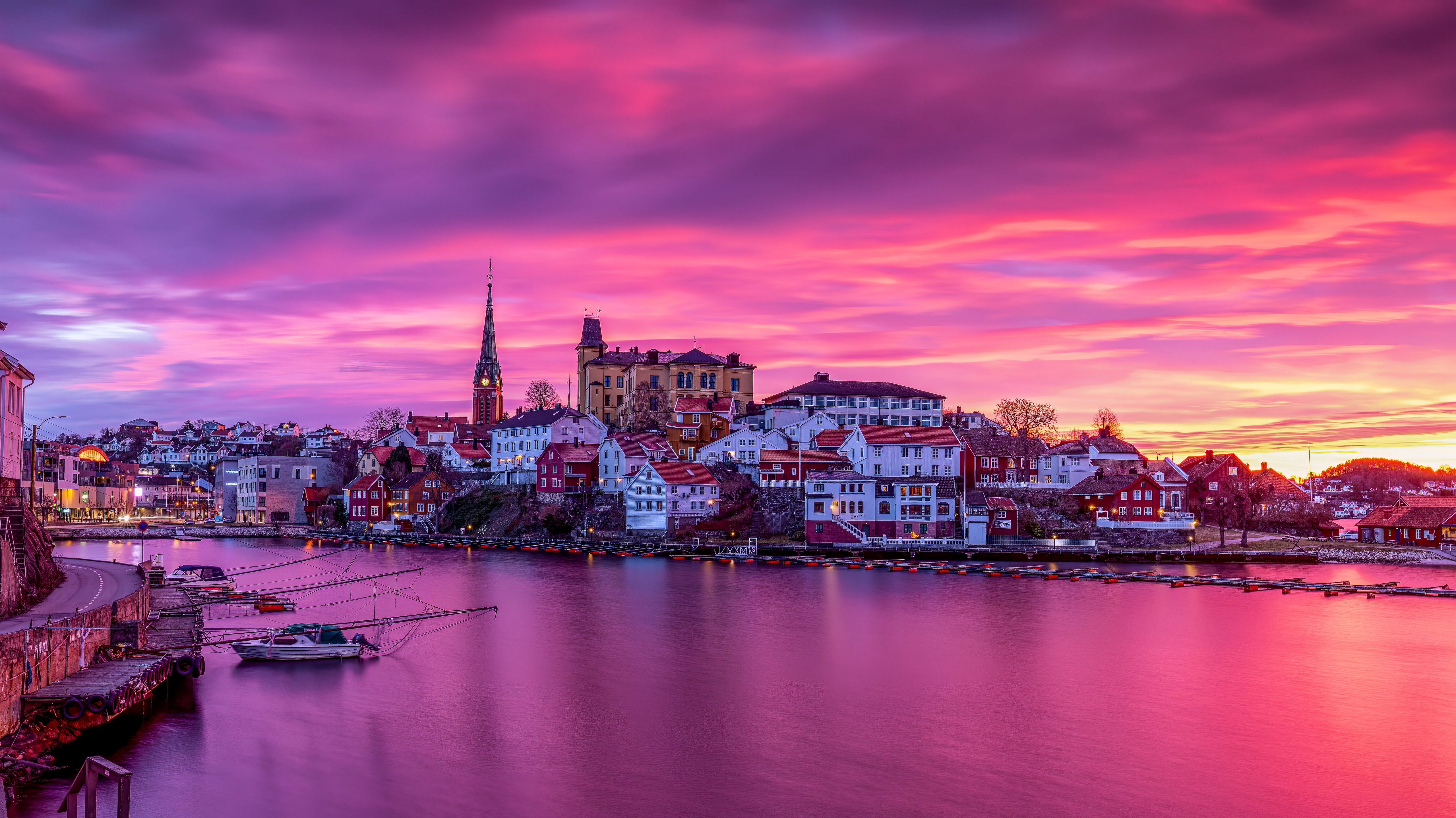 Arendal, Norway Houses and Marina at Sunset HD Wallpaper