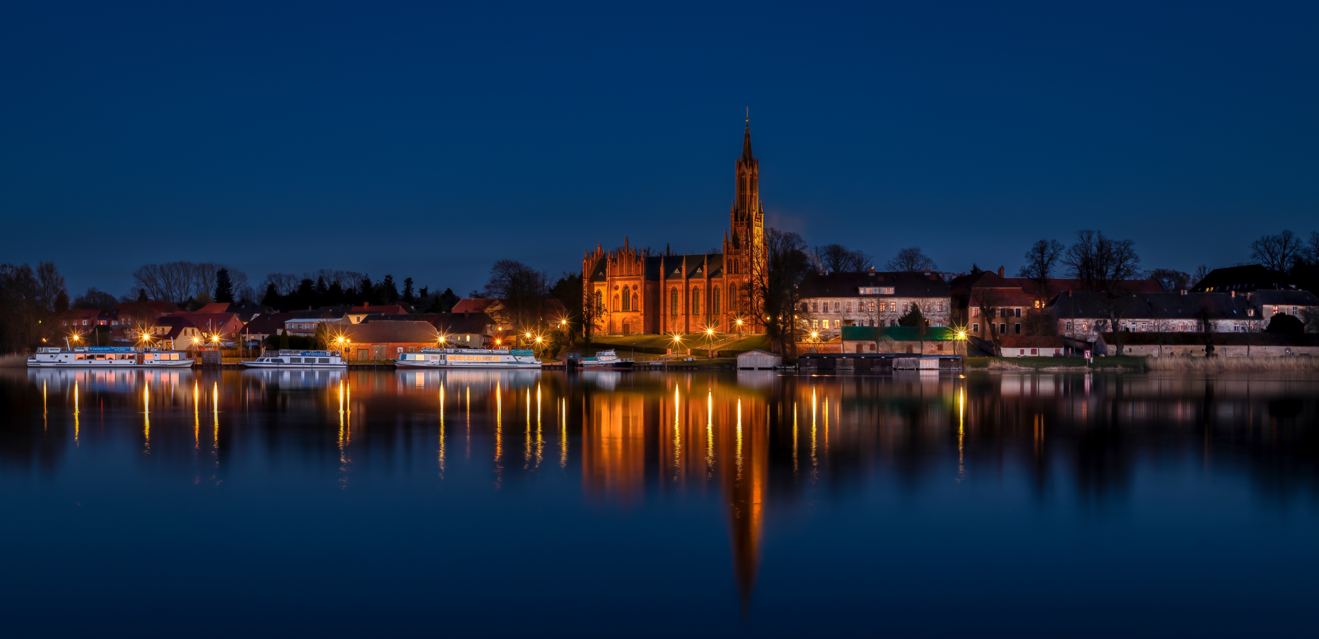 Malchow Germany Church and Riverboats at Night HD Wallpaper