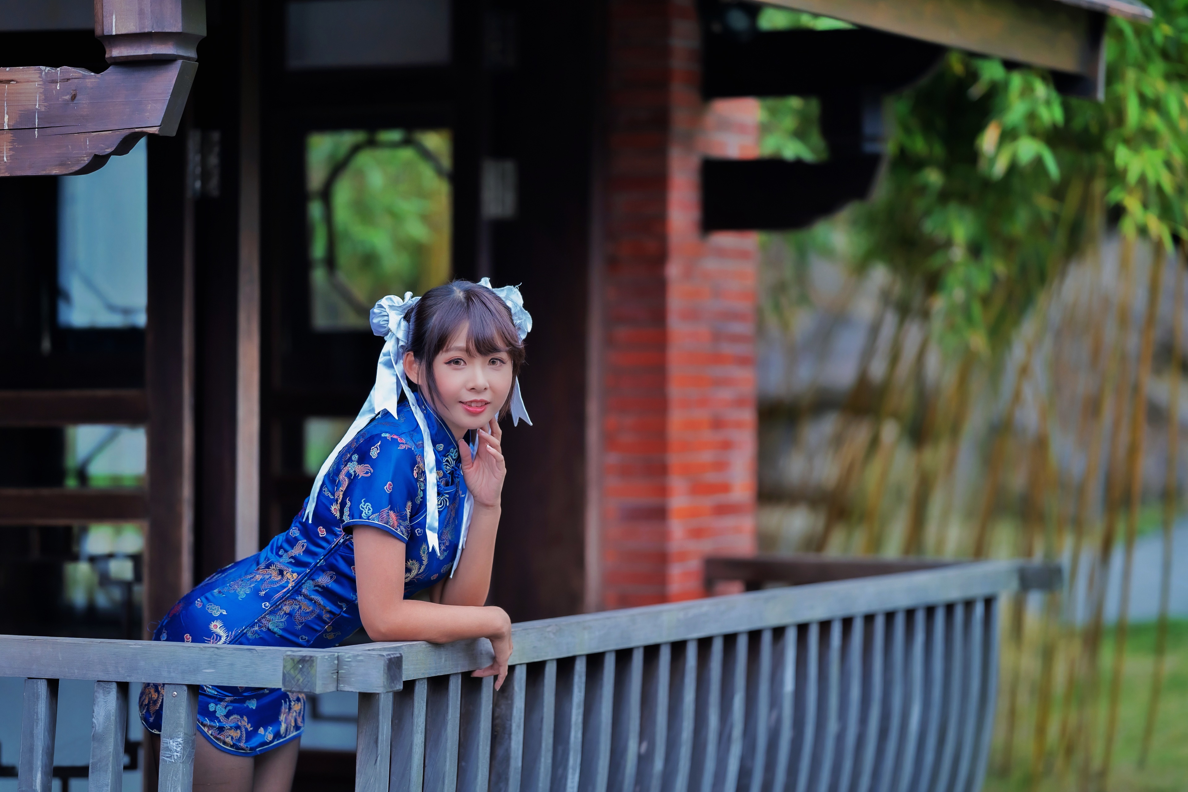 Asian woman in blue dress with pigtails HD Wallpaper