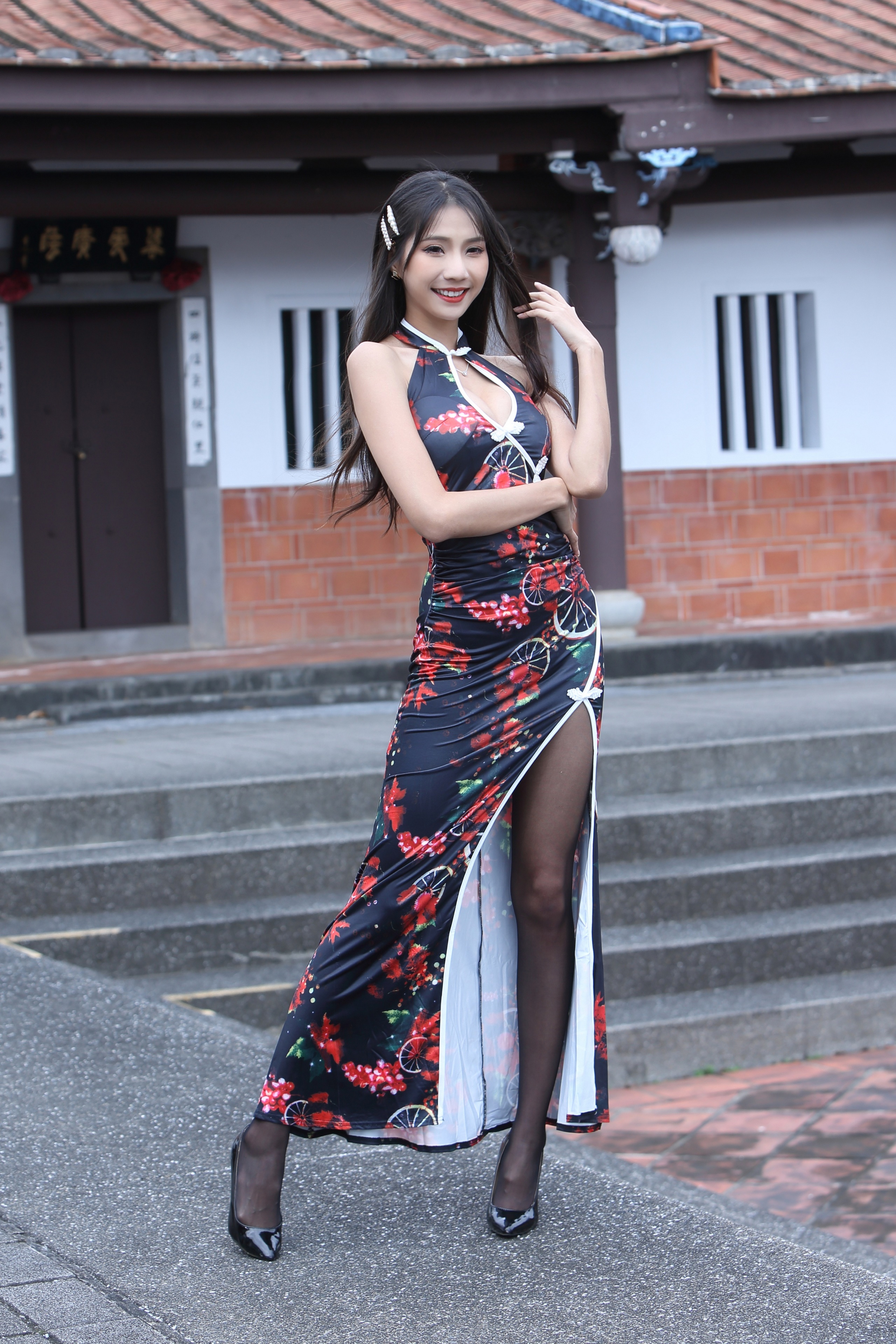 Asian woman in floral dress posing outdoors HD Phone Wallpaper
