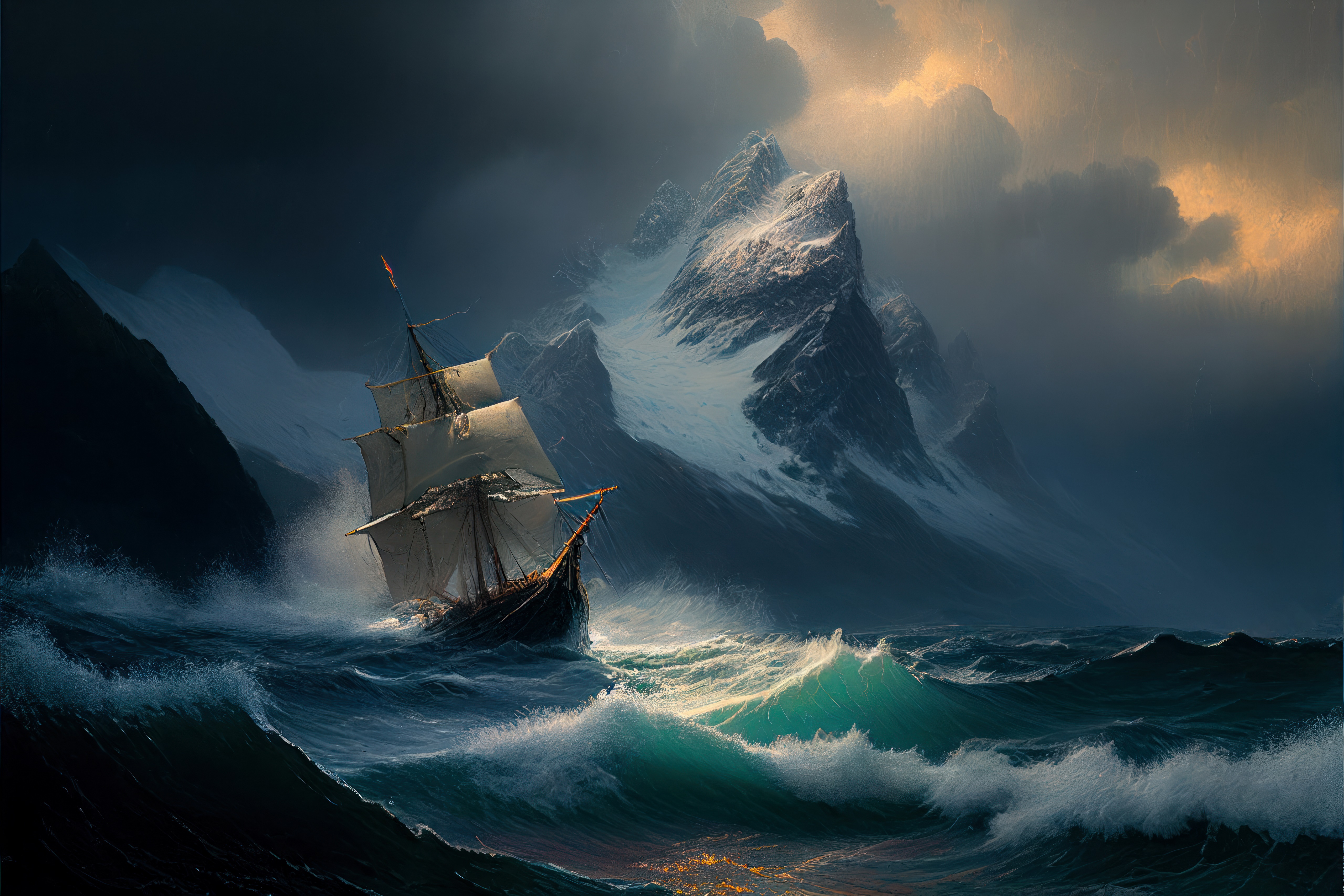 Sailing Ship in Stormy Seas with Mountains HD Wallpaper