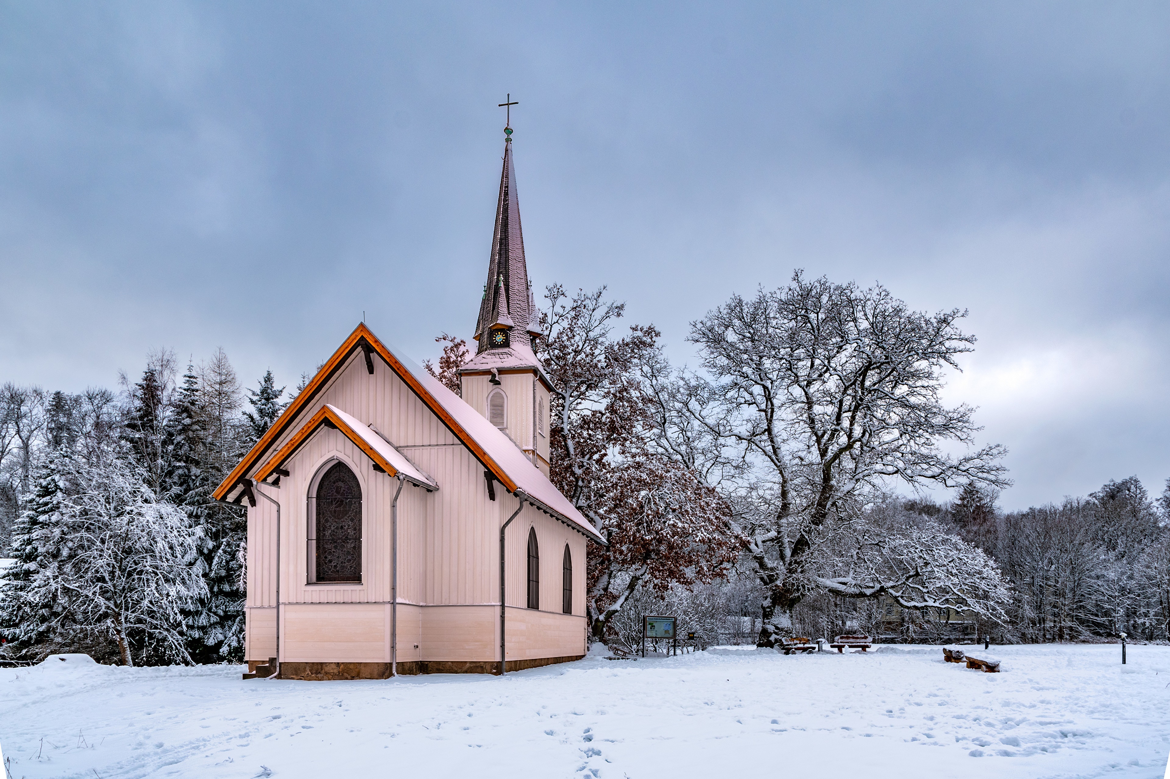 Church in Elend, Germany during winter with snow HD Wallpaper