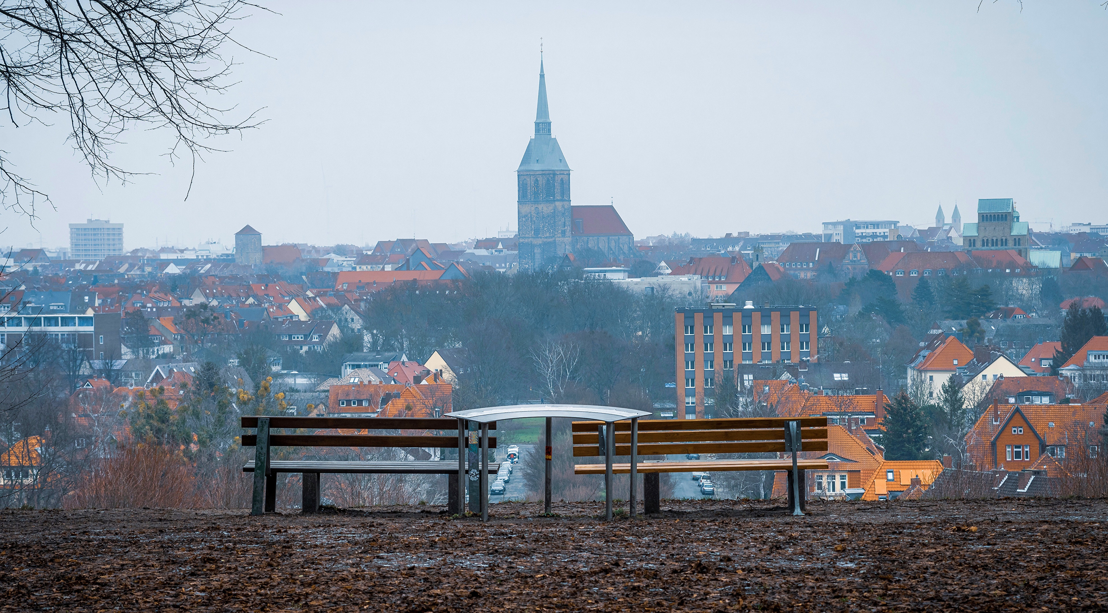 Benches overlooking Hildesheim, Germany cityscape HD Wallpaper
