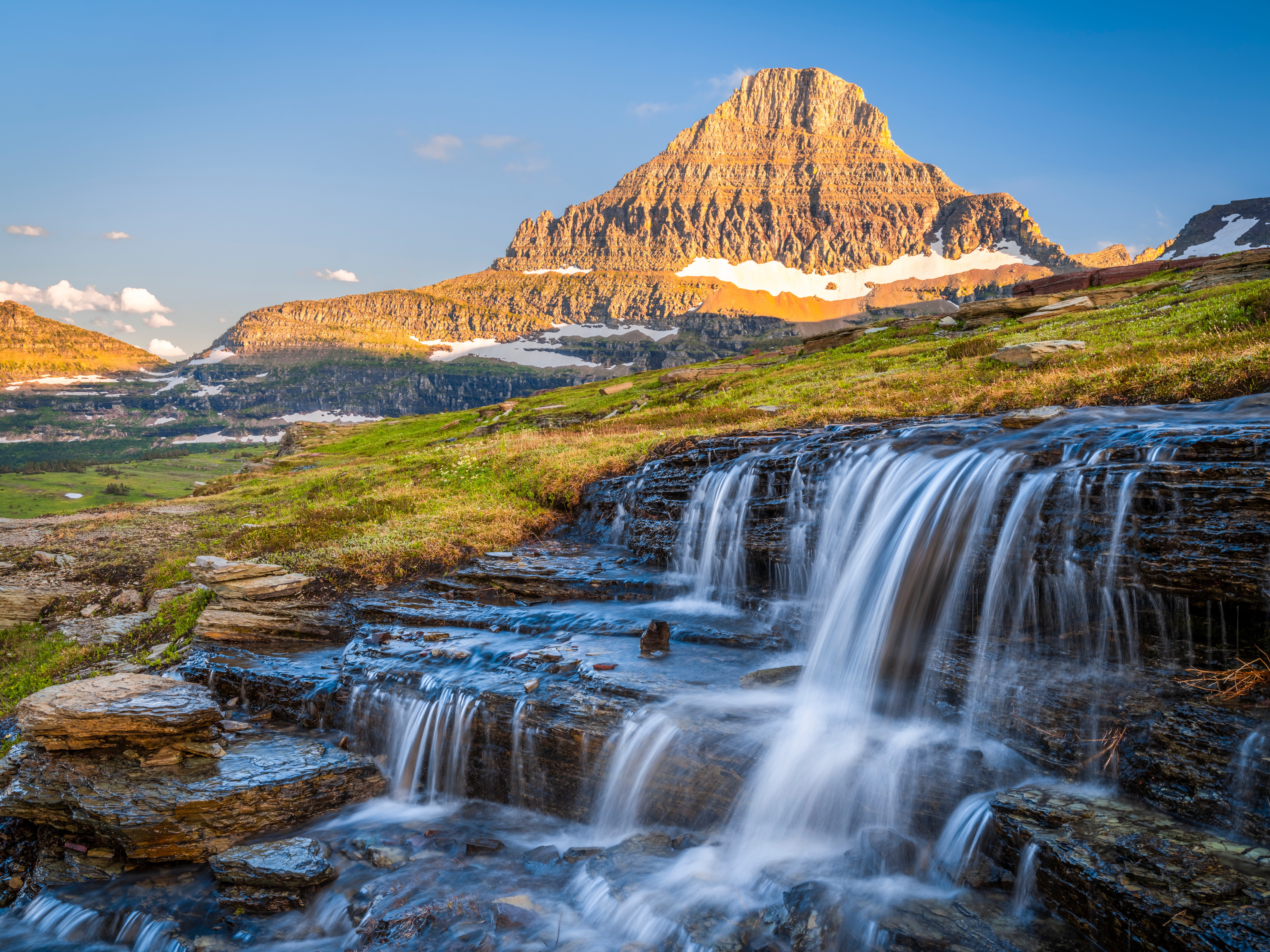 Waterfall and Mountain in Glacier National Park, USA HD Wallpaper
