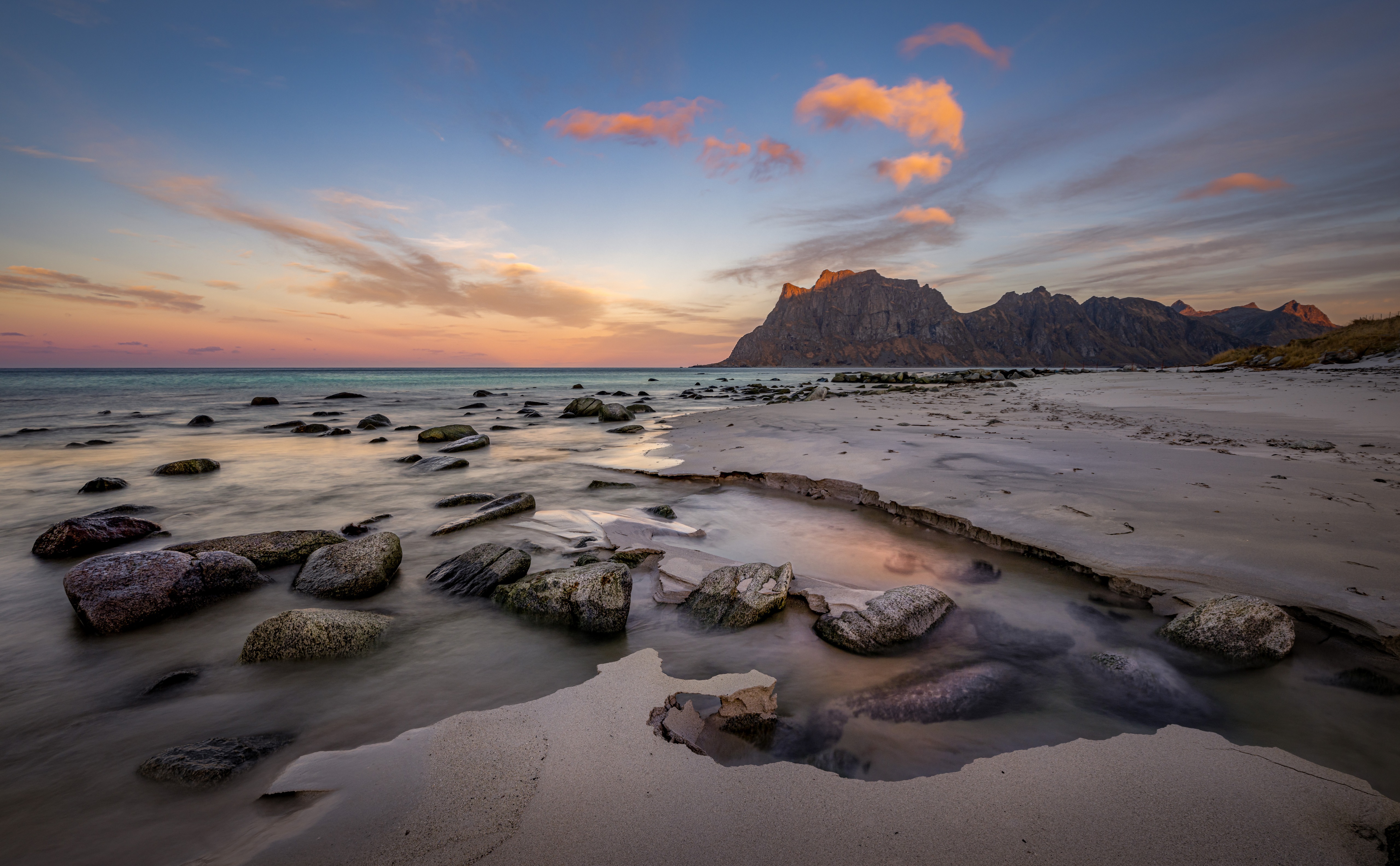 Uttakleiv Coast with Mountains and Stones, Norway HD Wallpaper