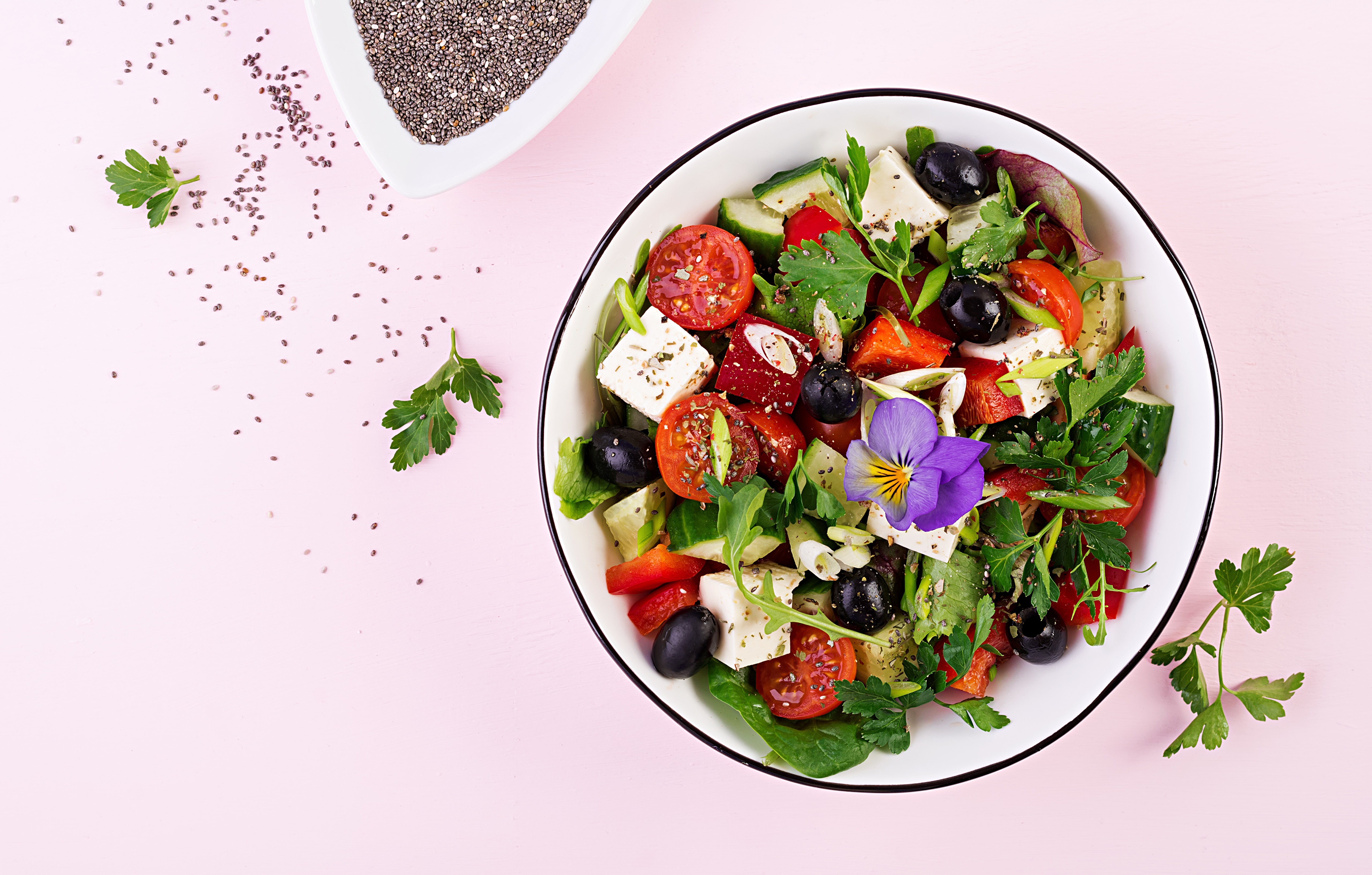 Greek Salad with Feta Cheese and Olives on Pink Background HD Wallpaper