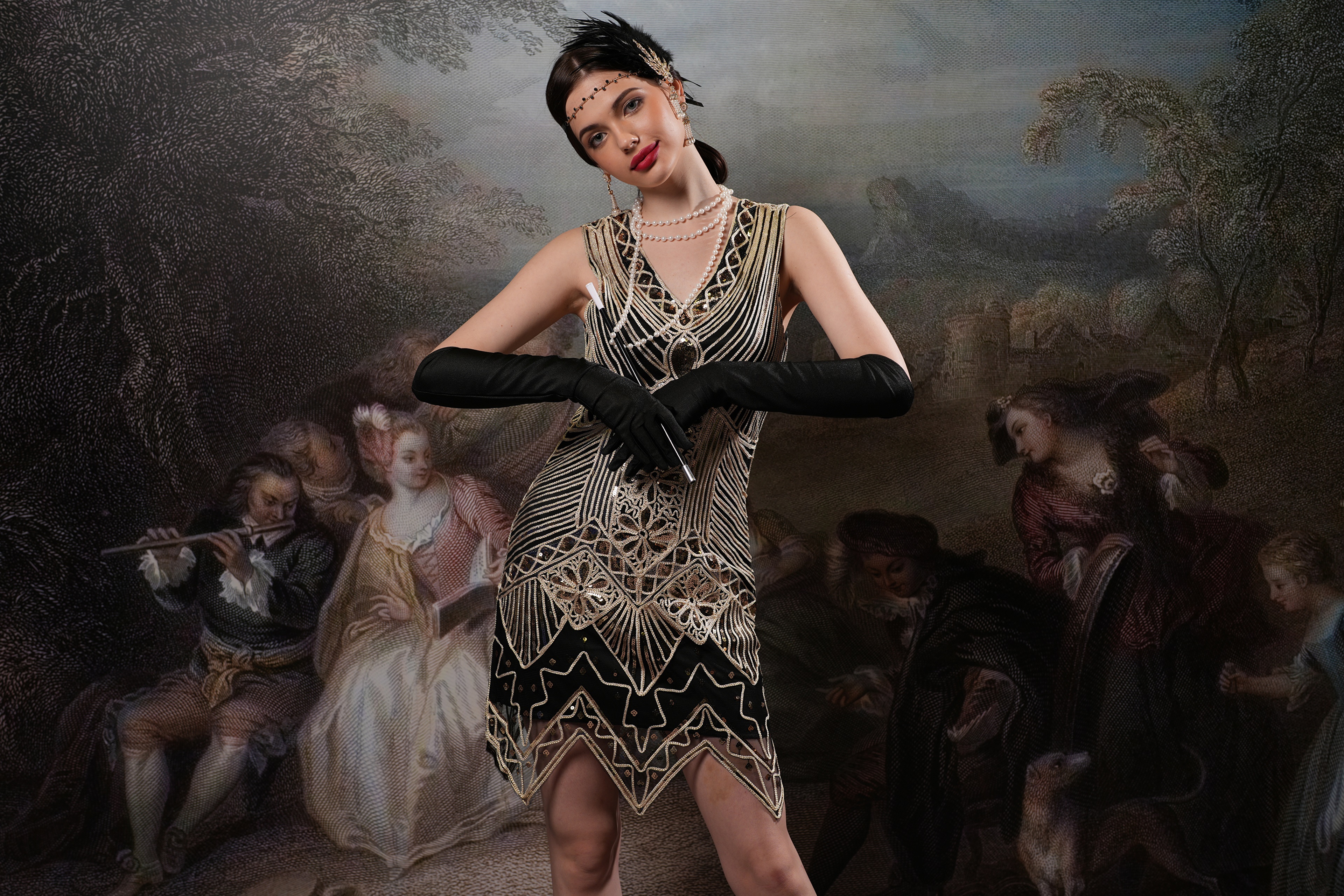 Woman in a 1920s flapper dress and gloves HD Wallpaper