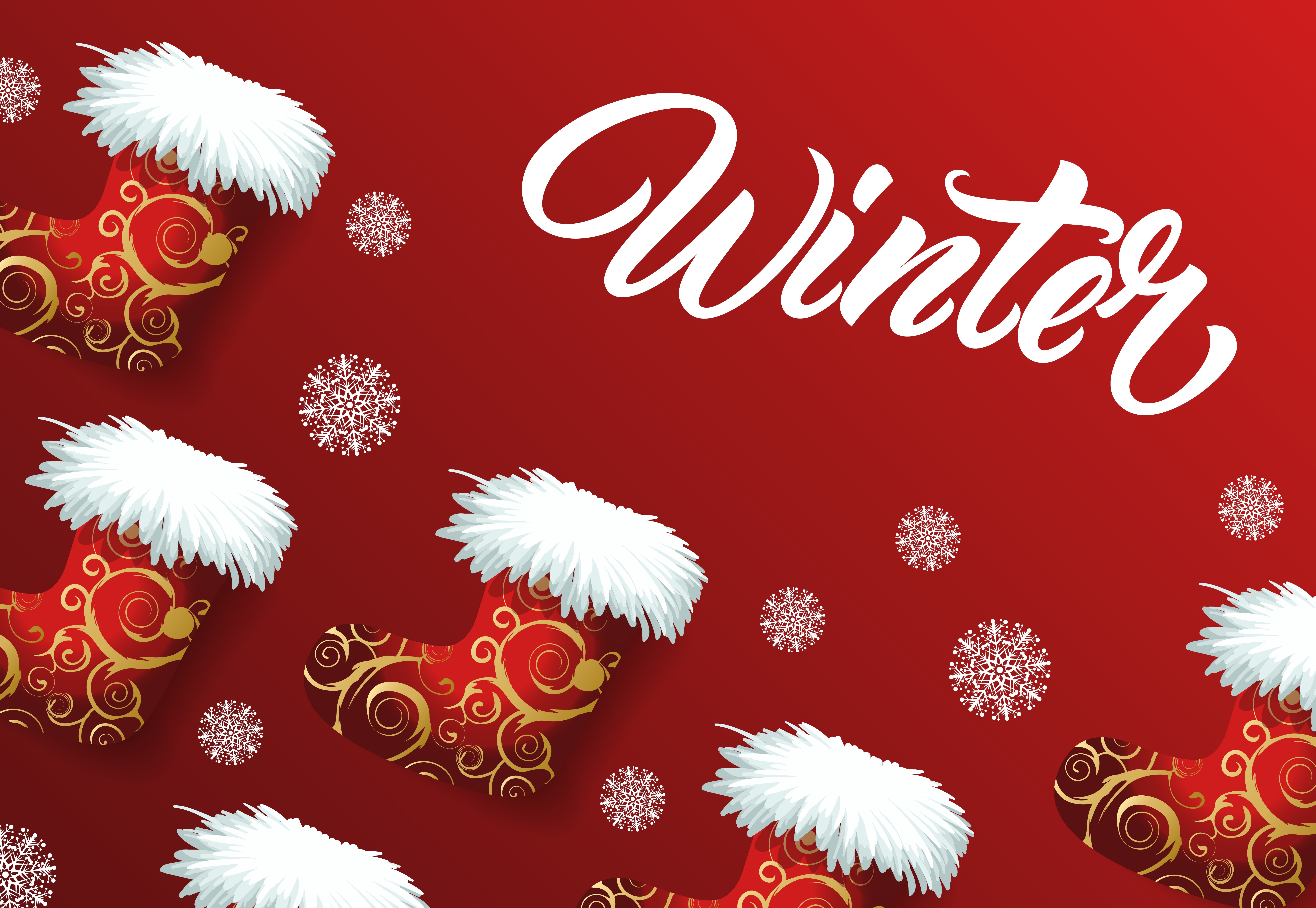 Winter themed Christmas stockings and snowflakes on red background HD Wallpaper
