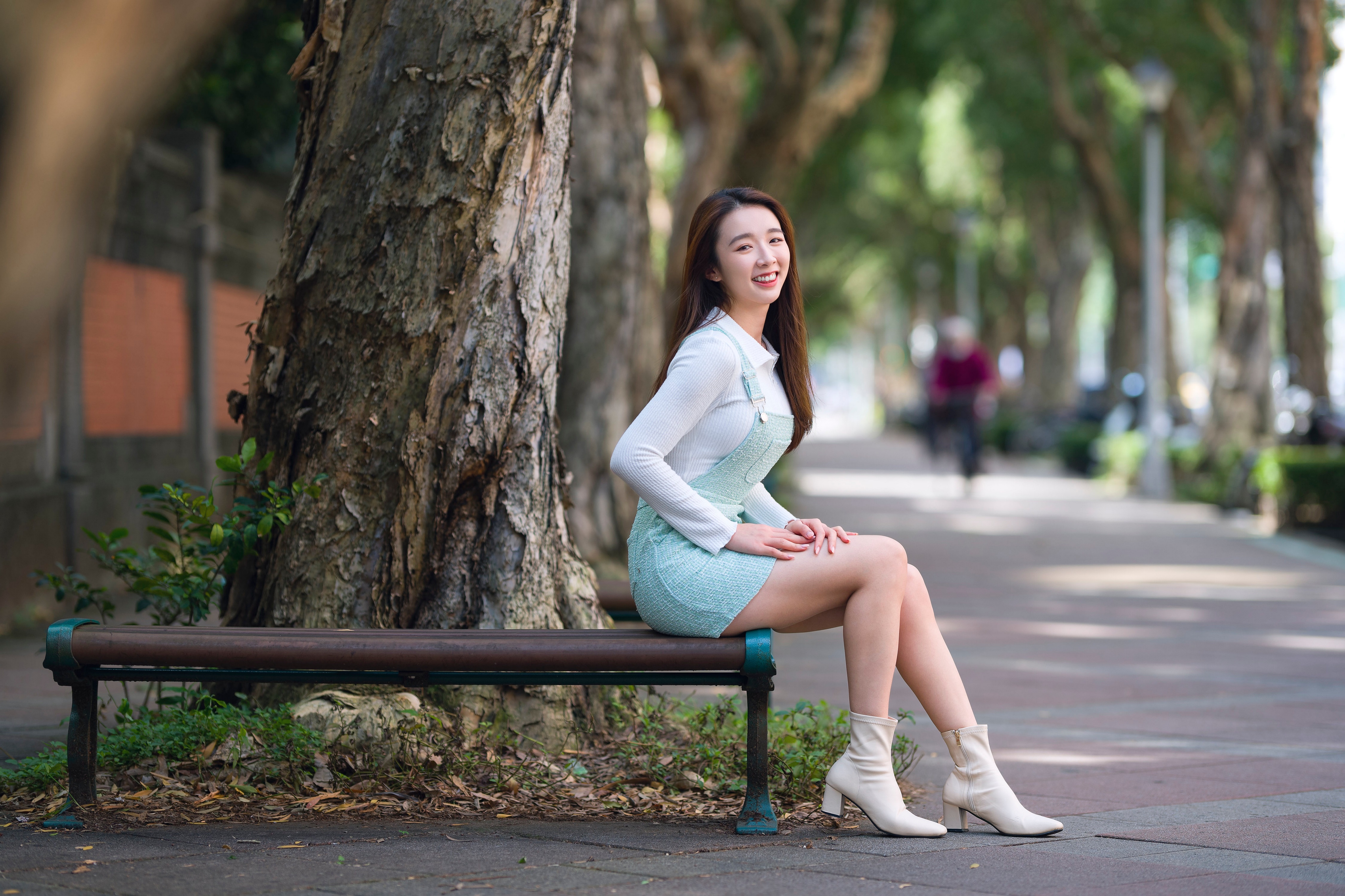 Asian Woman Sitting on a Bench HD Wallpaper