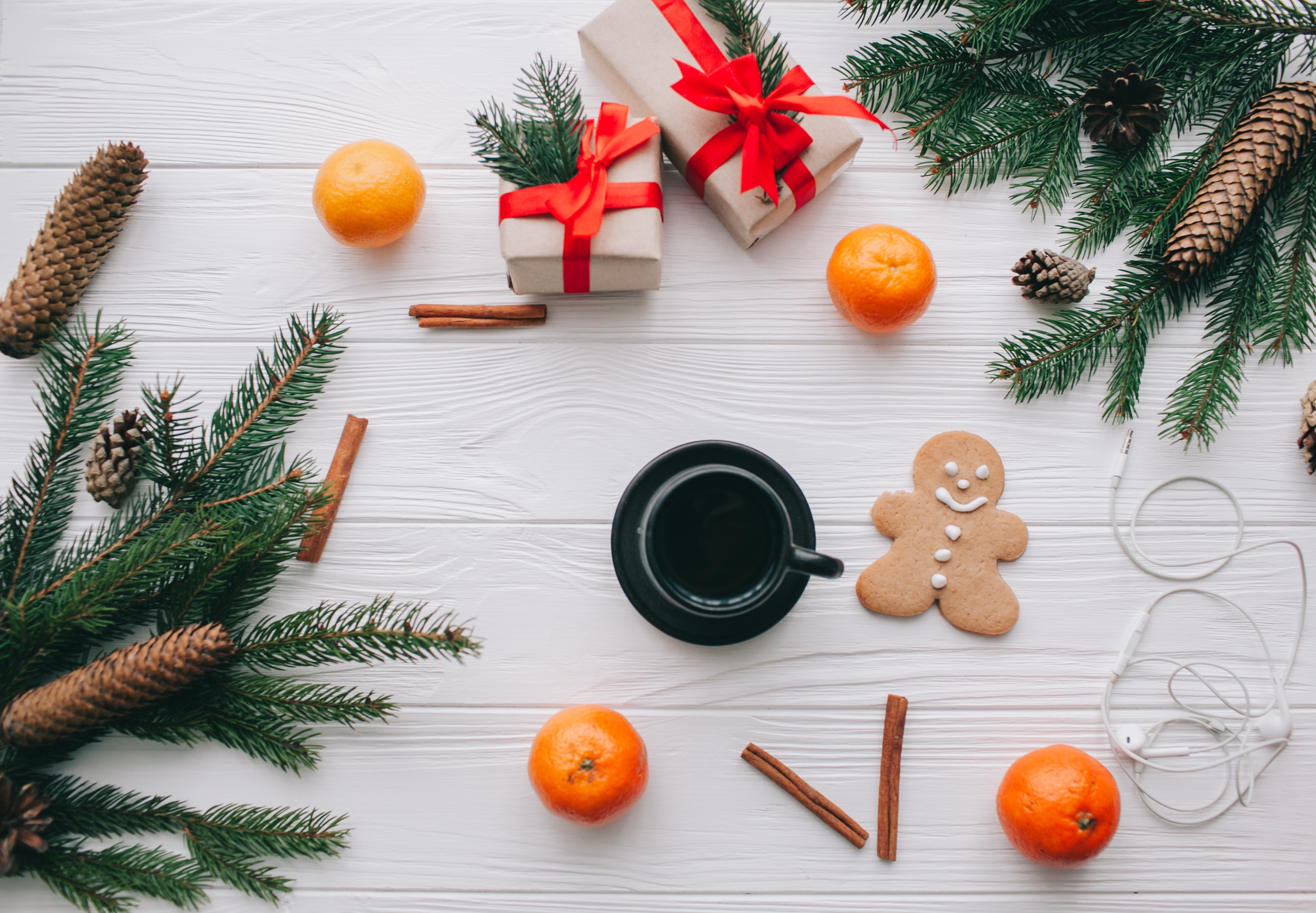 Christmas flat lay with gifts, coffee, and tangerines HD Wallpaper