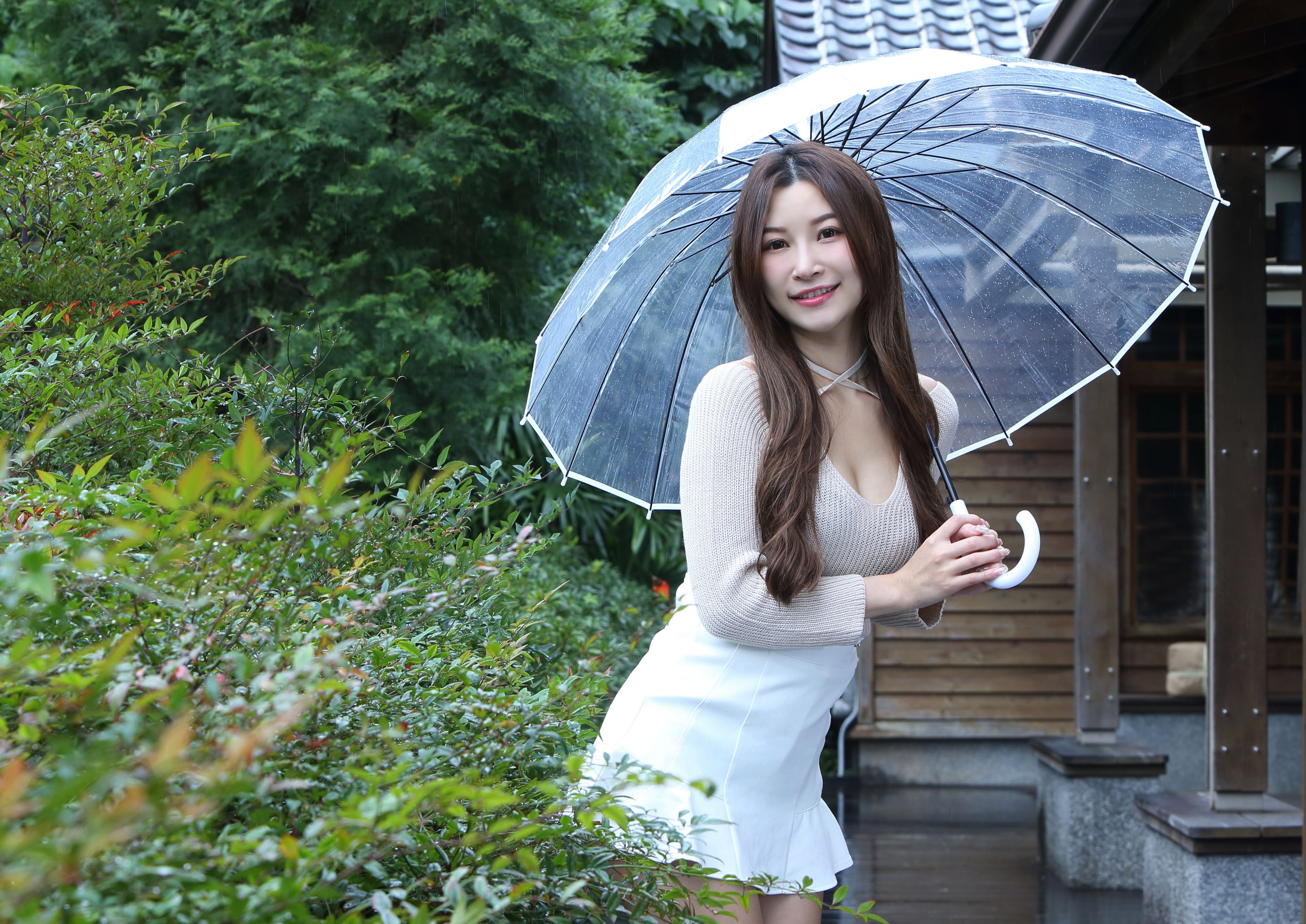 Asian Woman with Umbrella in Skirt and Blouse HD Wallpaper