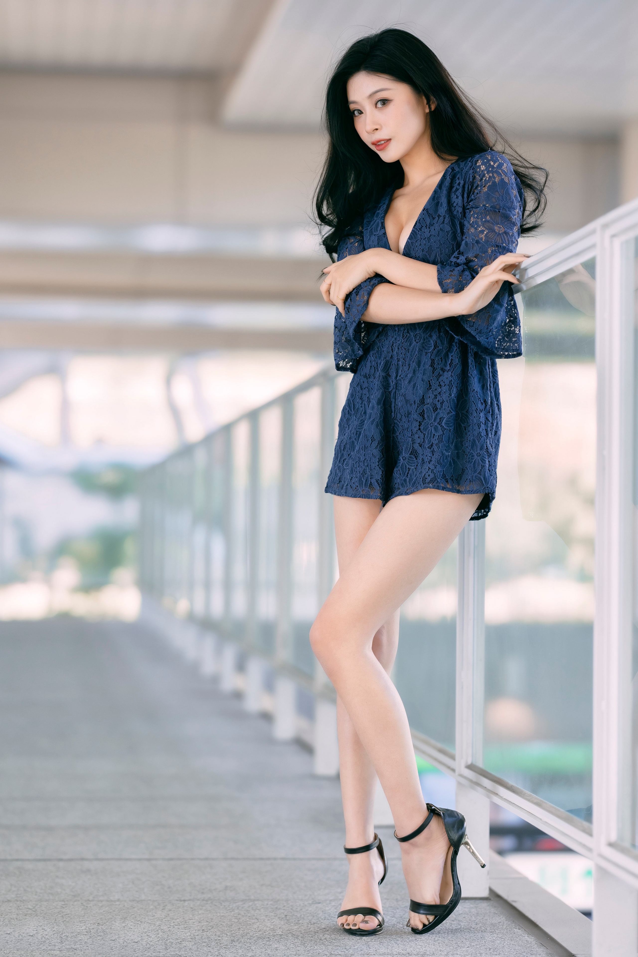 Asian woman in a blue lace dress and heels HD Phone Wallpaper