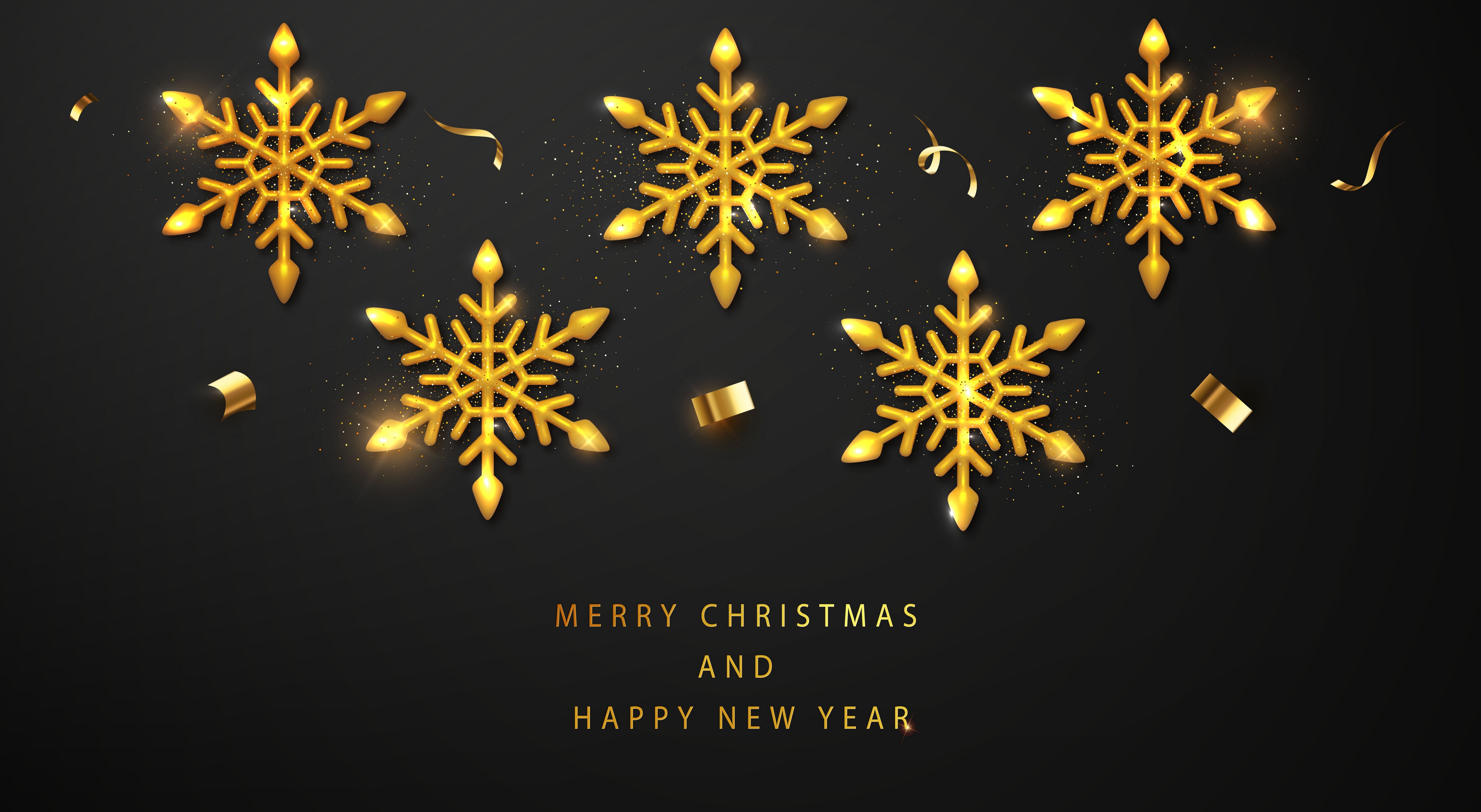 Merry Christmas and Happy New Year Gold Snowflakes HD Wallpaper