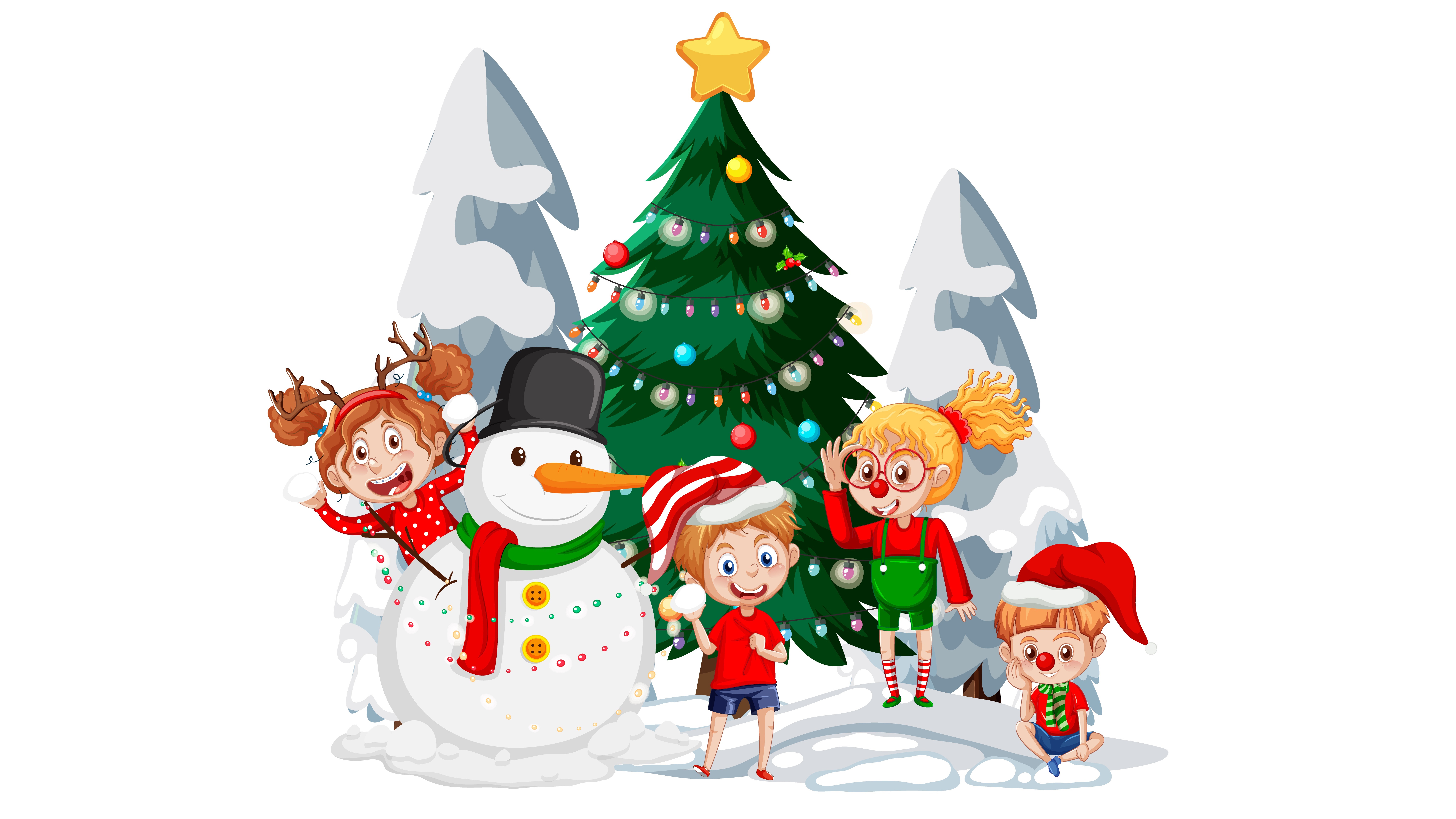Children and snowman by Christmas tree HD Wallpaper