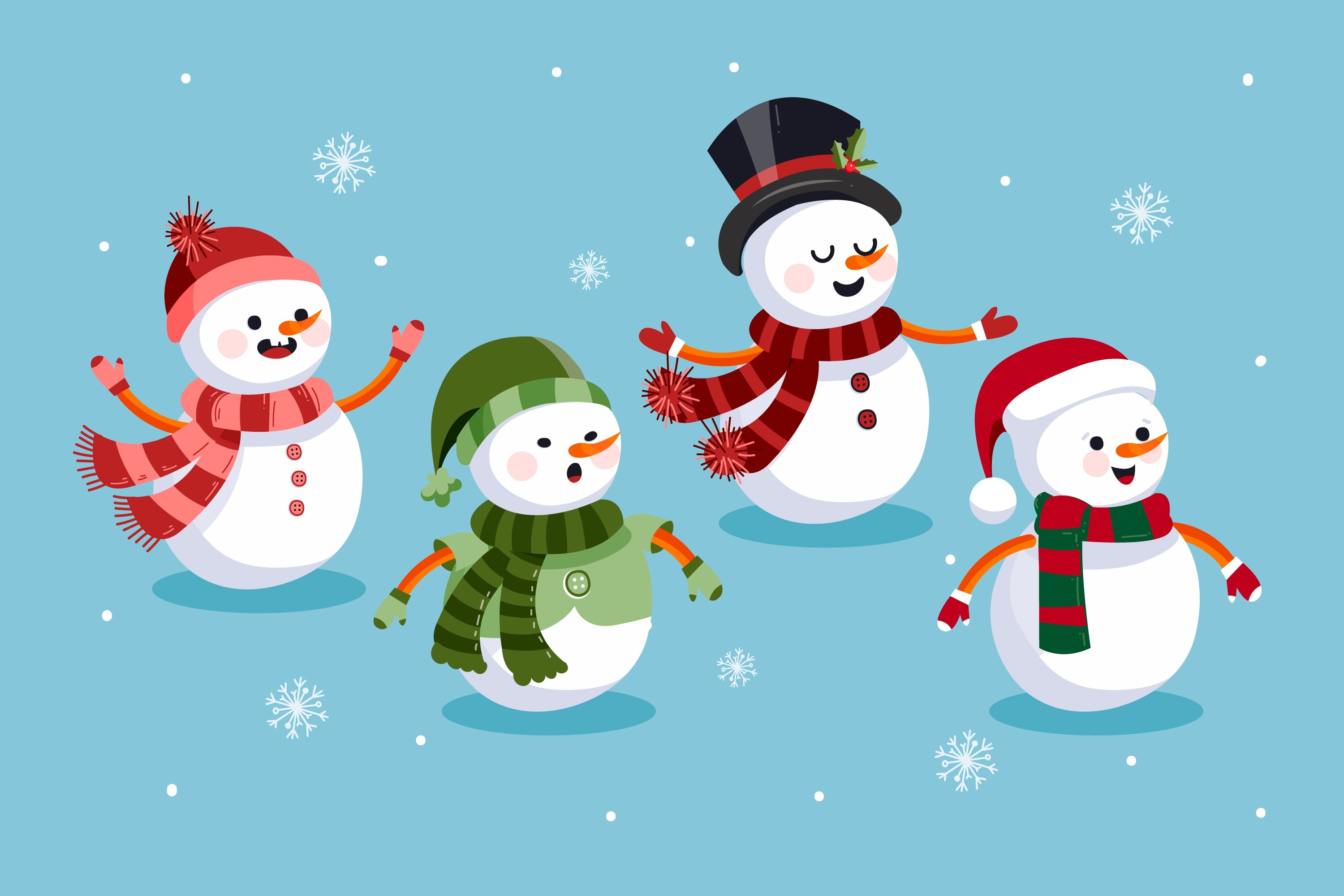 Four snowmen with hats and scarves in the snow HD Wallpaper