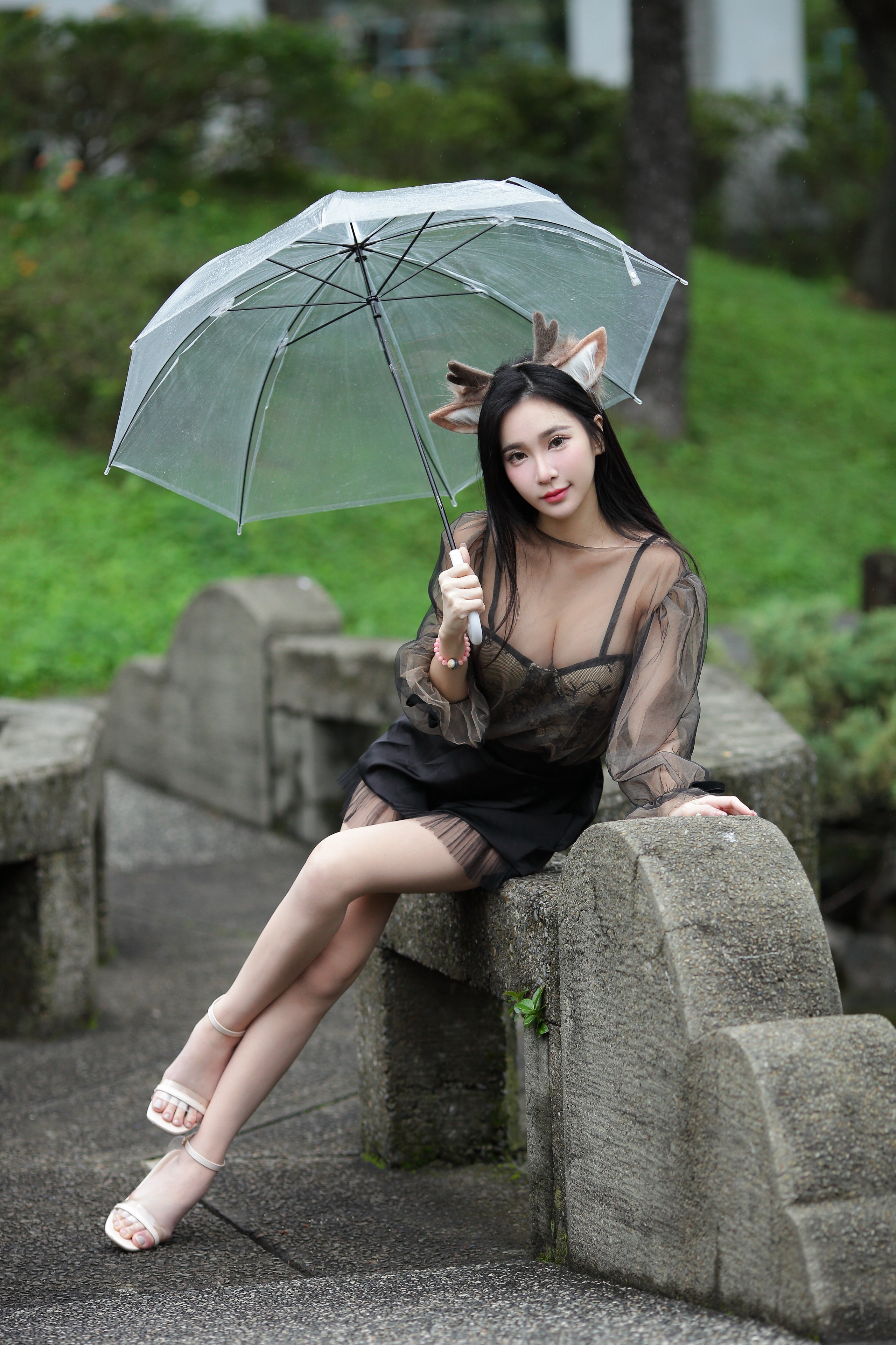 Asian woman with deer ears holding an umbrella HD Phone Wallpaper