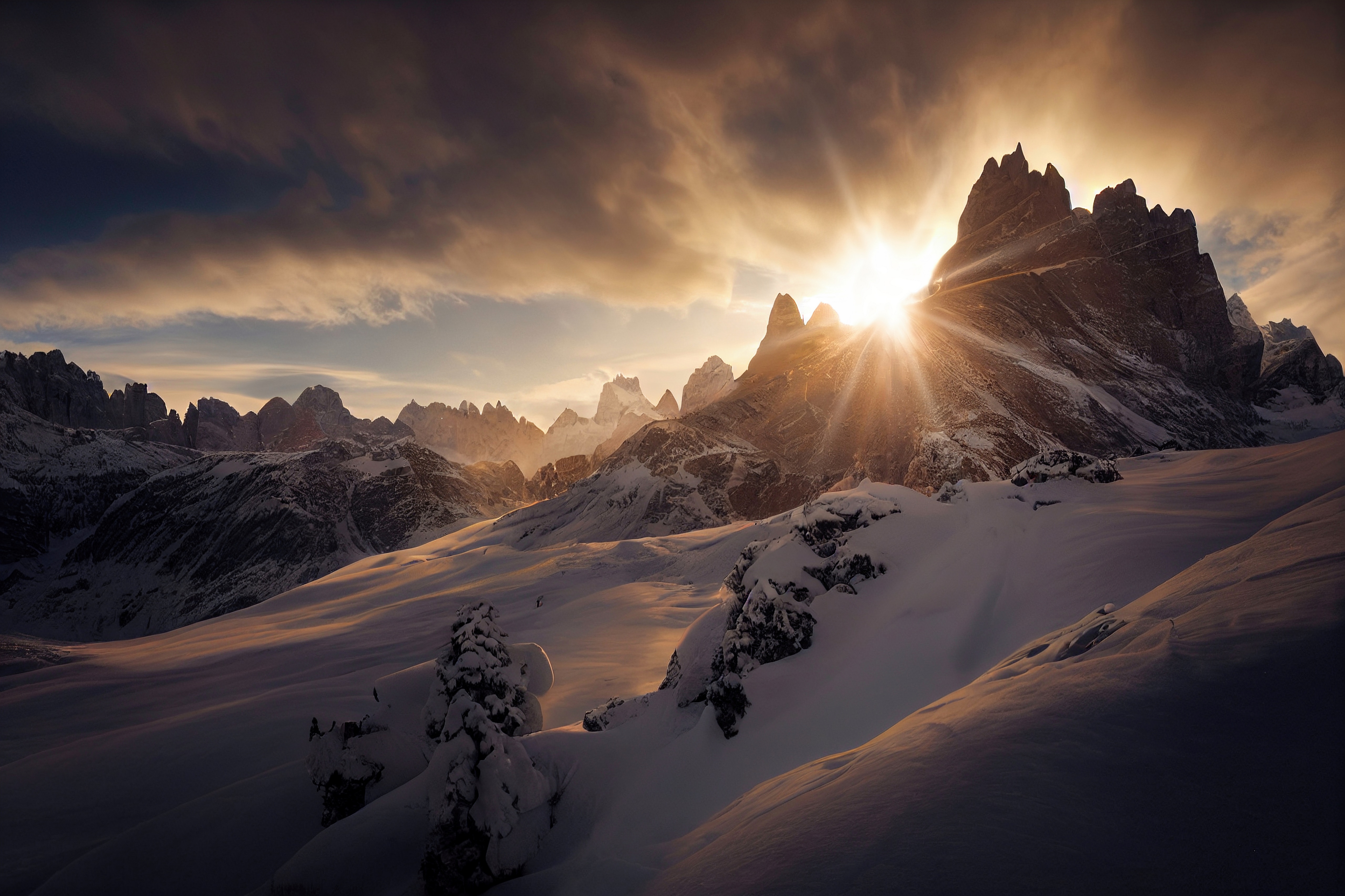 Sun setting behind snow-covered mountains HD Wallpaper