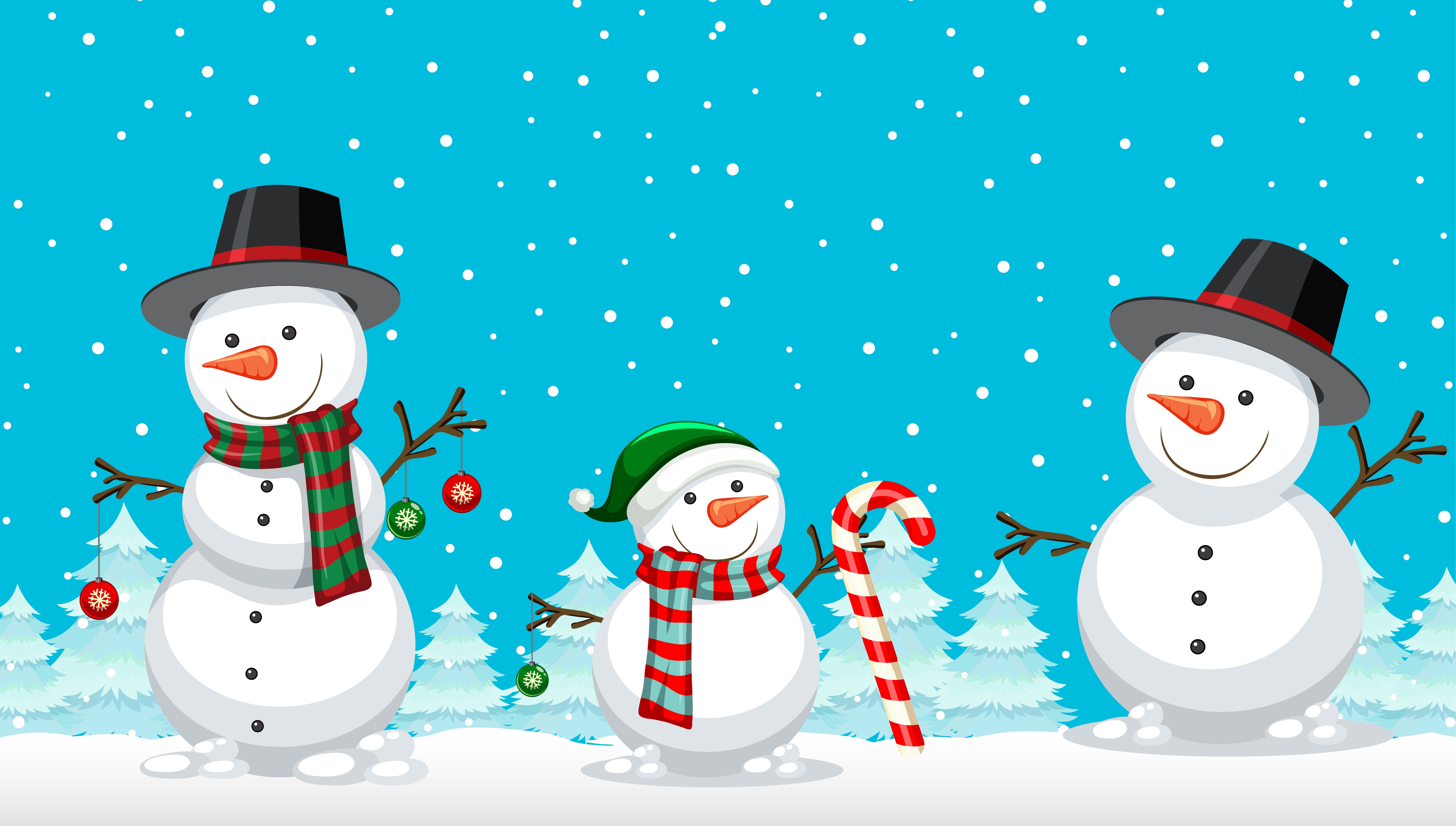 Three Snowmen with Christmas Decorations HD Wallpaper