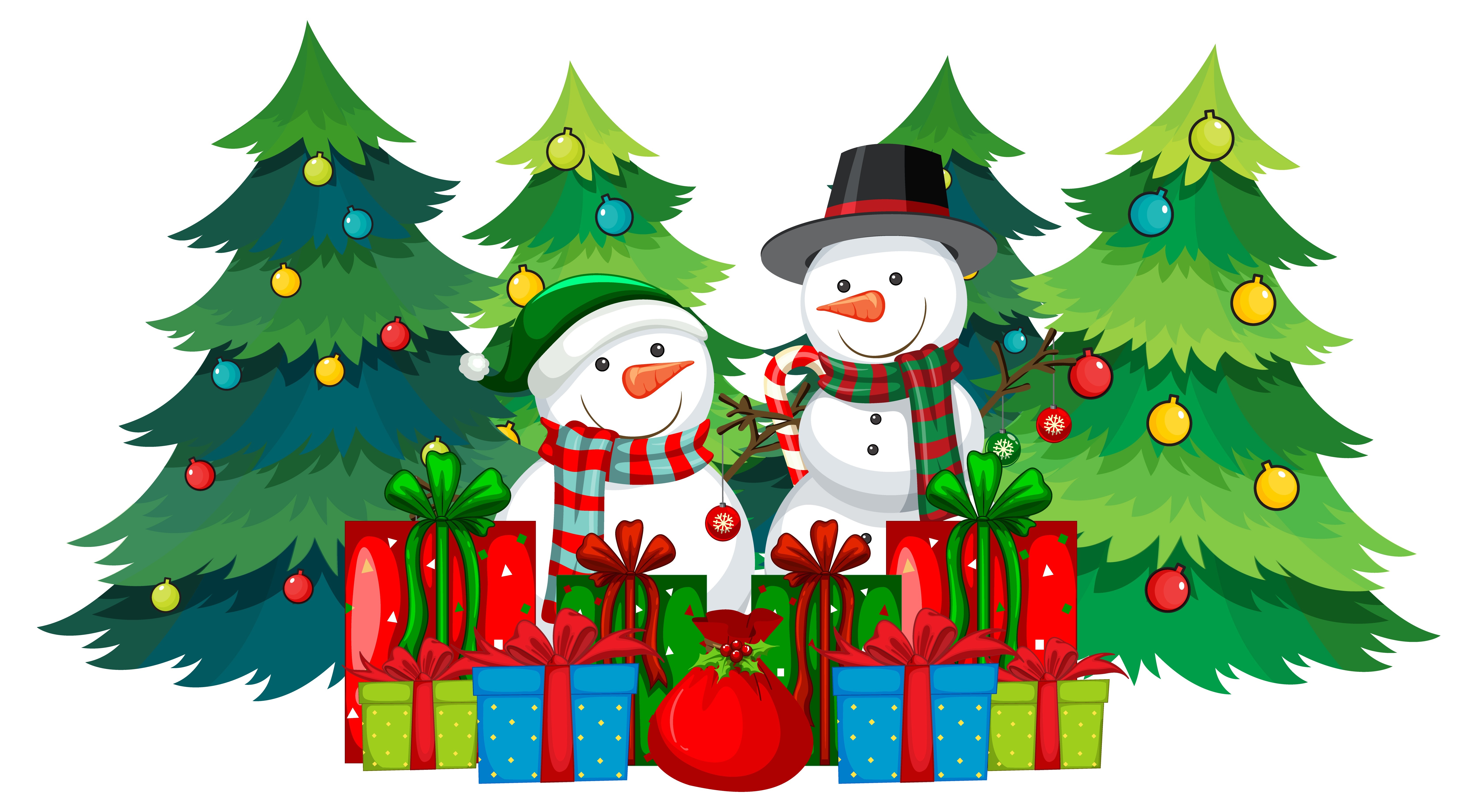 Christmas trees with snowmen and gifts HD Wallpaper