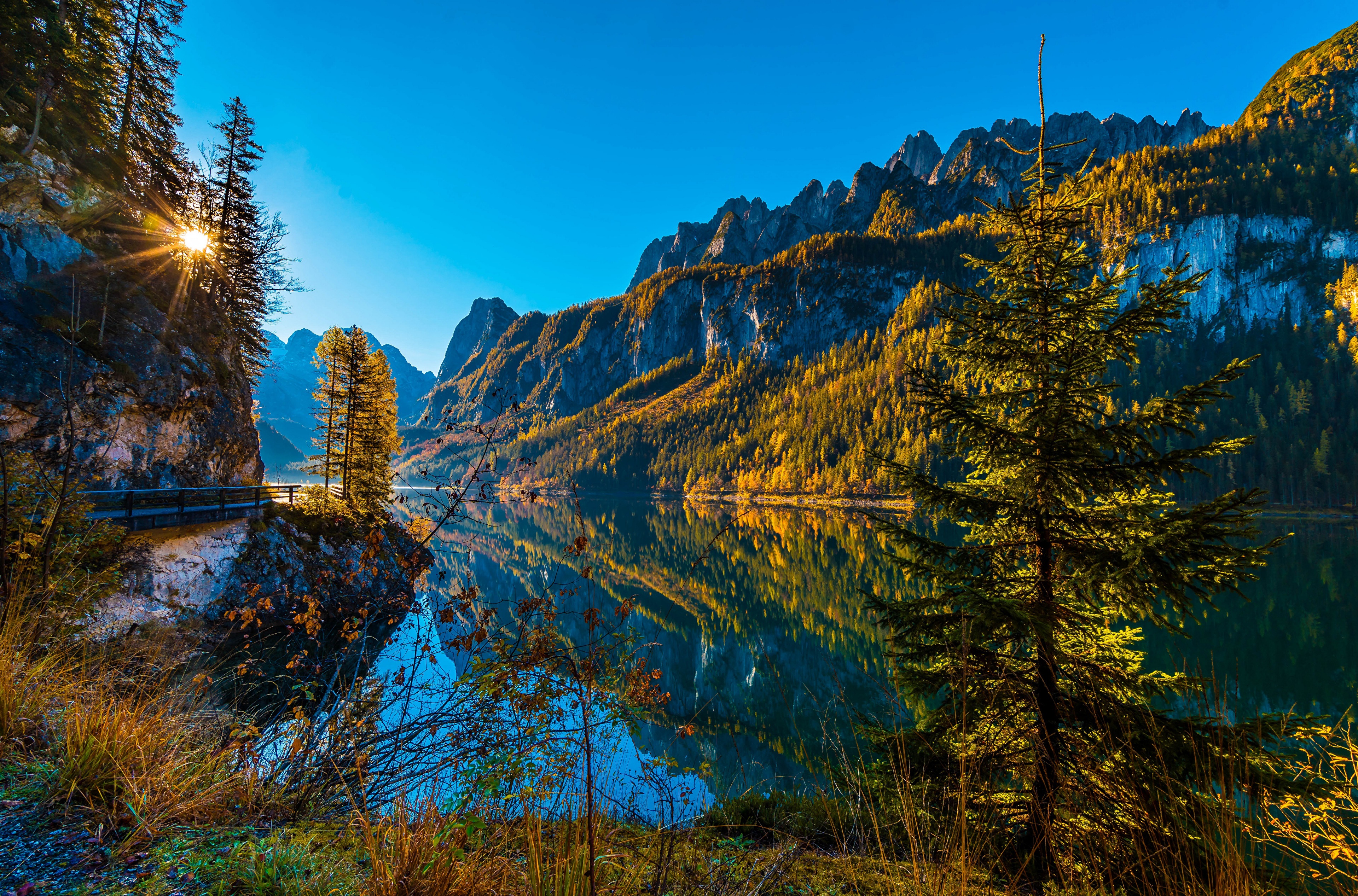 4K Lake Gosau Austria Mountains Alps Sun HD Wallpaper
