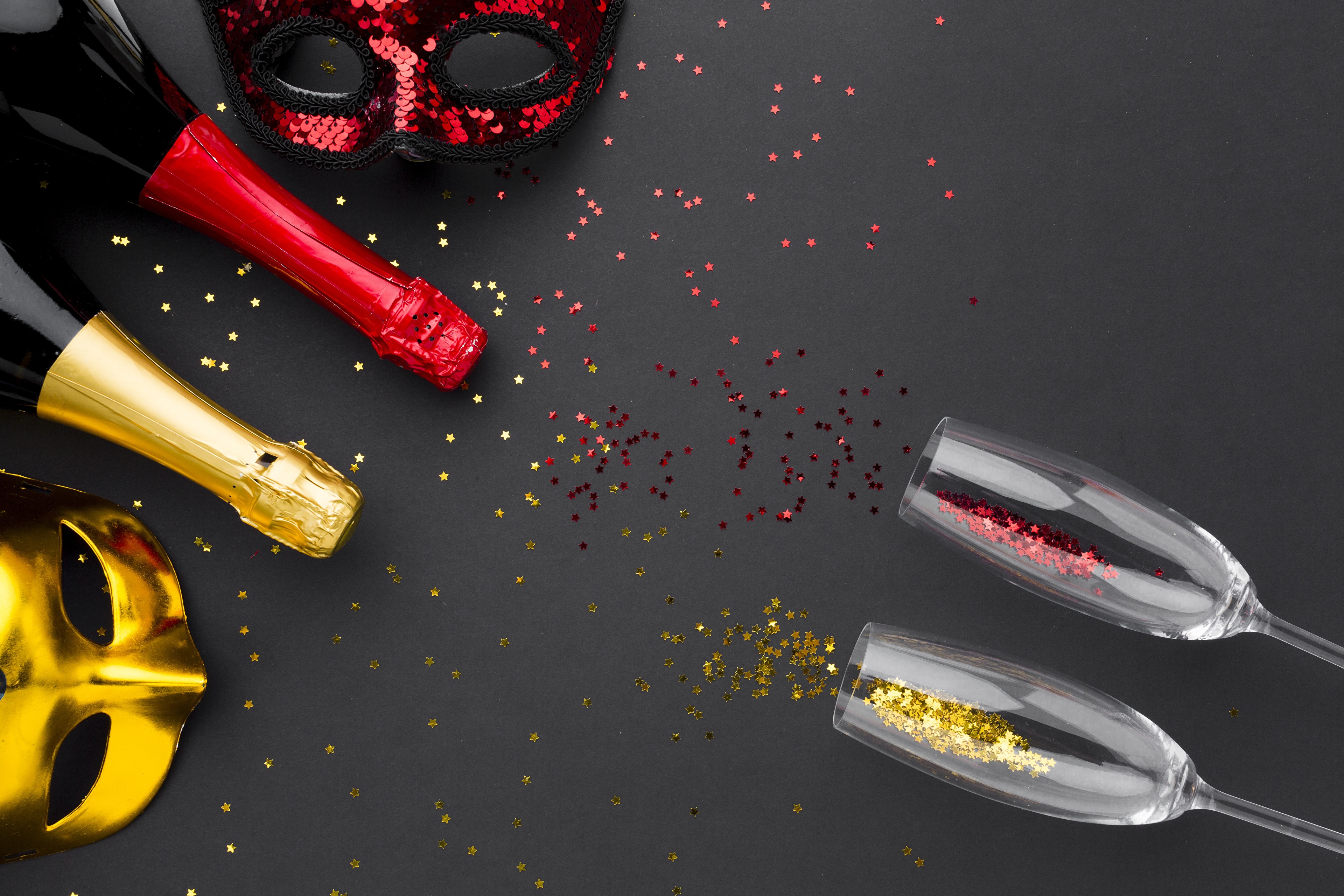 Champagne bottles, masks, and confetti HD Wallpaper