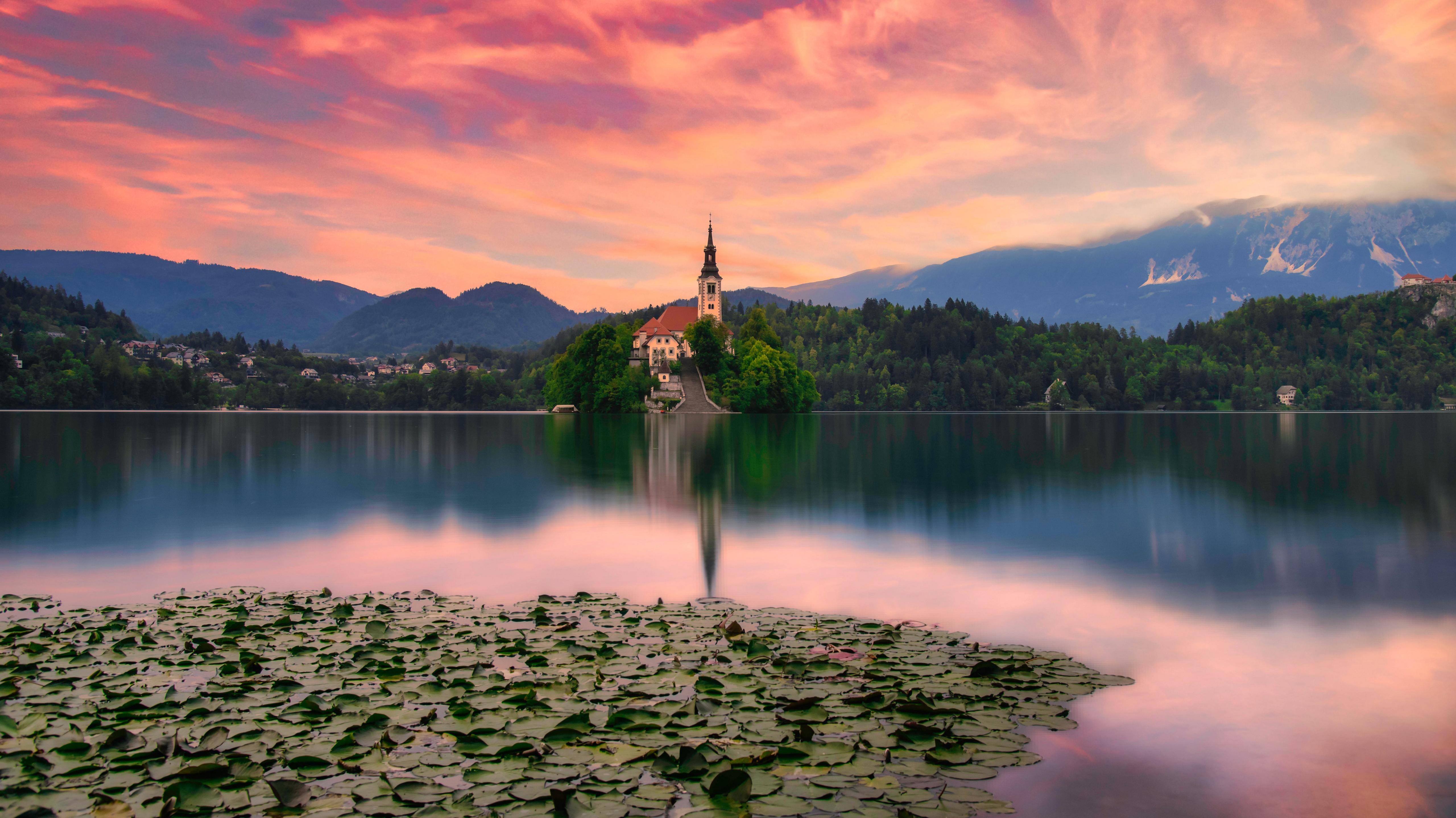 Lake Bled with Church and Mountains at Sunset HD Wallpaper