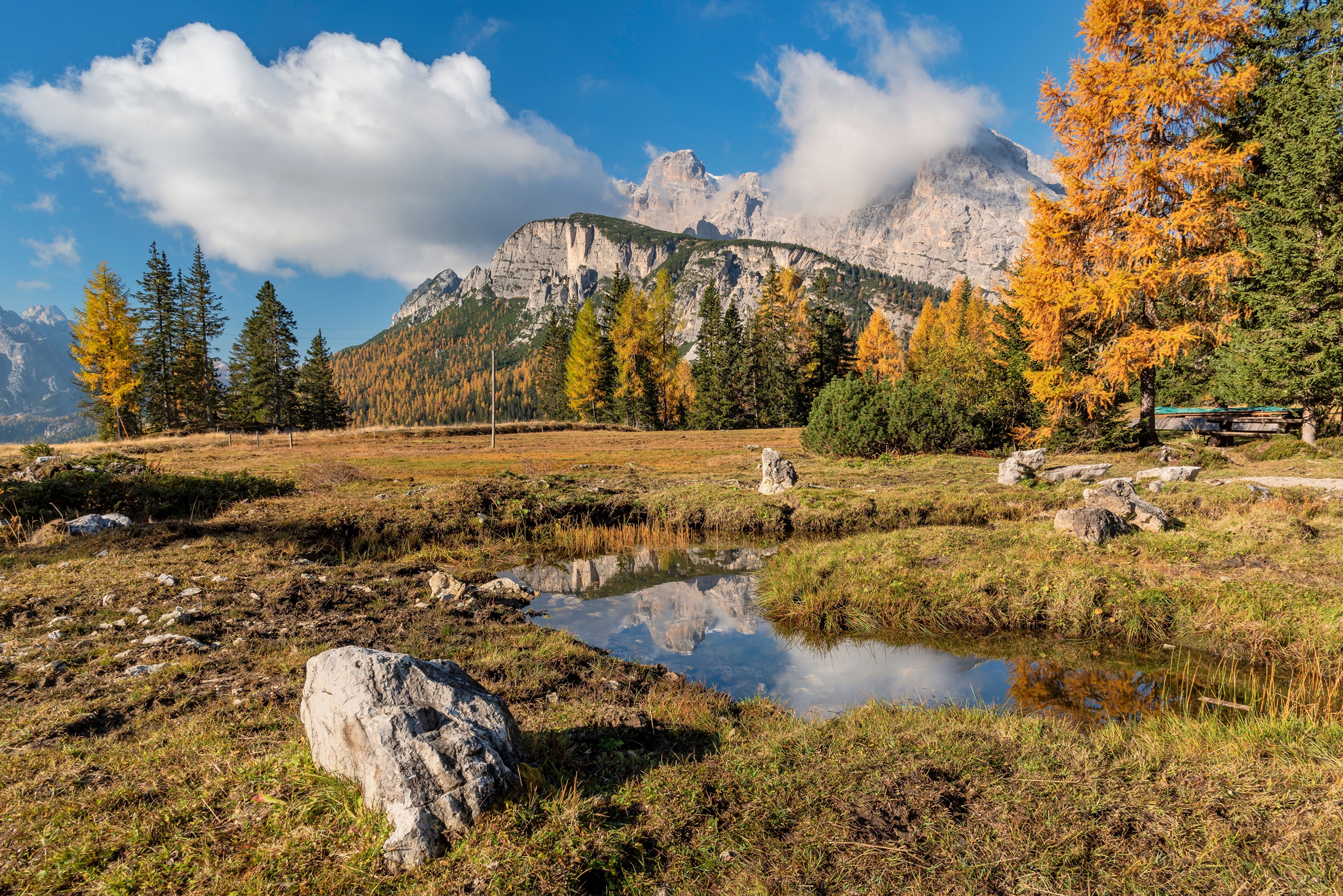 4K Autumn Mountains Landscape with Pond in Italy HD Wallpaper