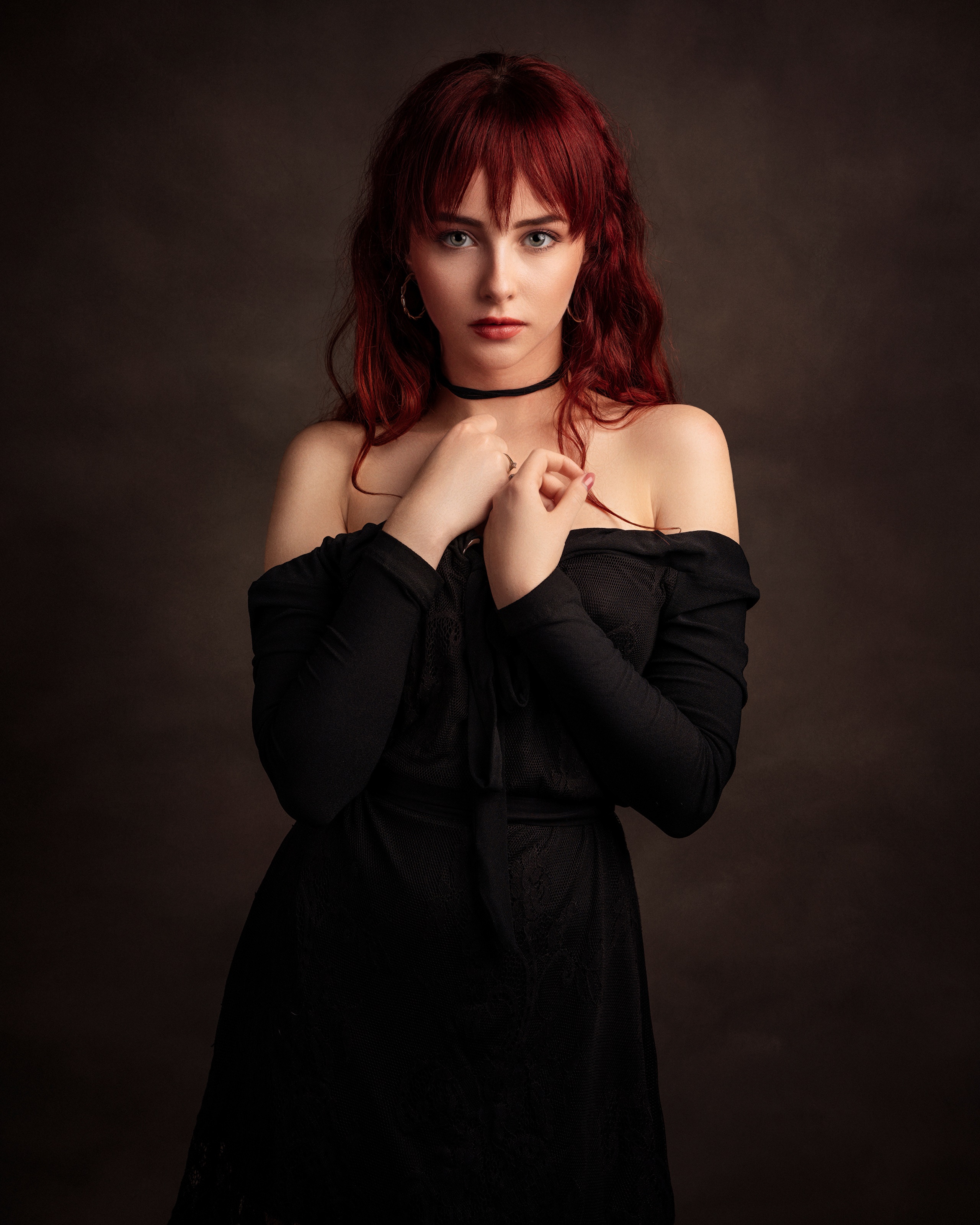 Jagoda with red hair in a black dress HD Phone Wallpaper