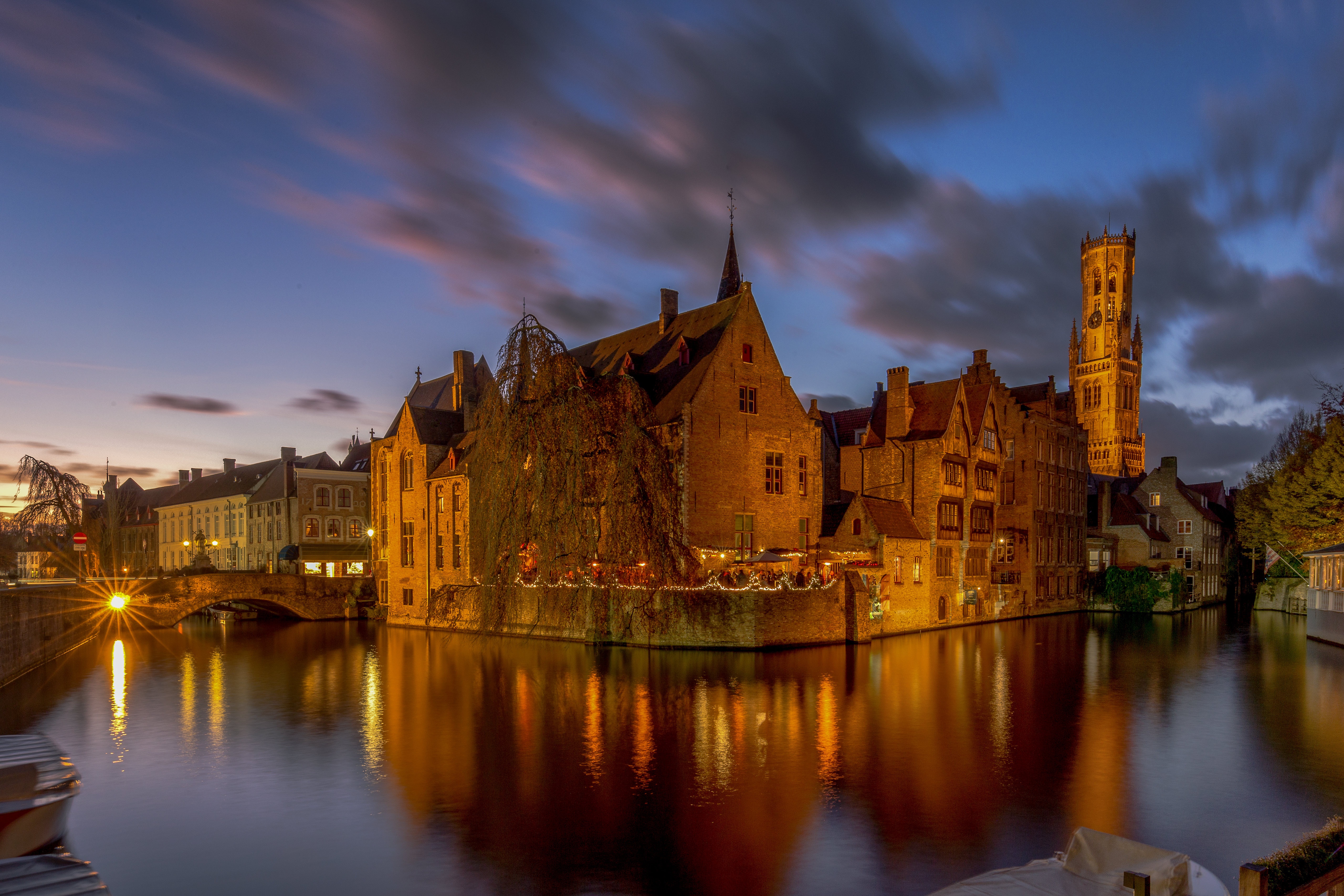 Bruges Spiegelrei Houses and Tower at Dusk HD Wallpaper