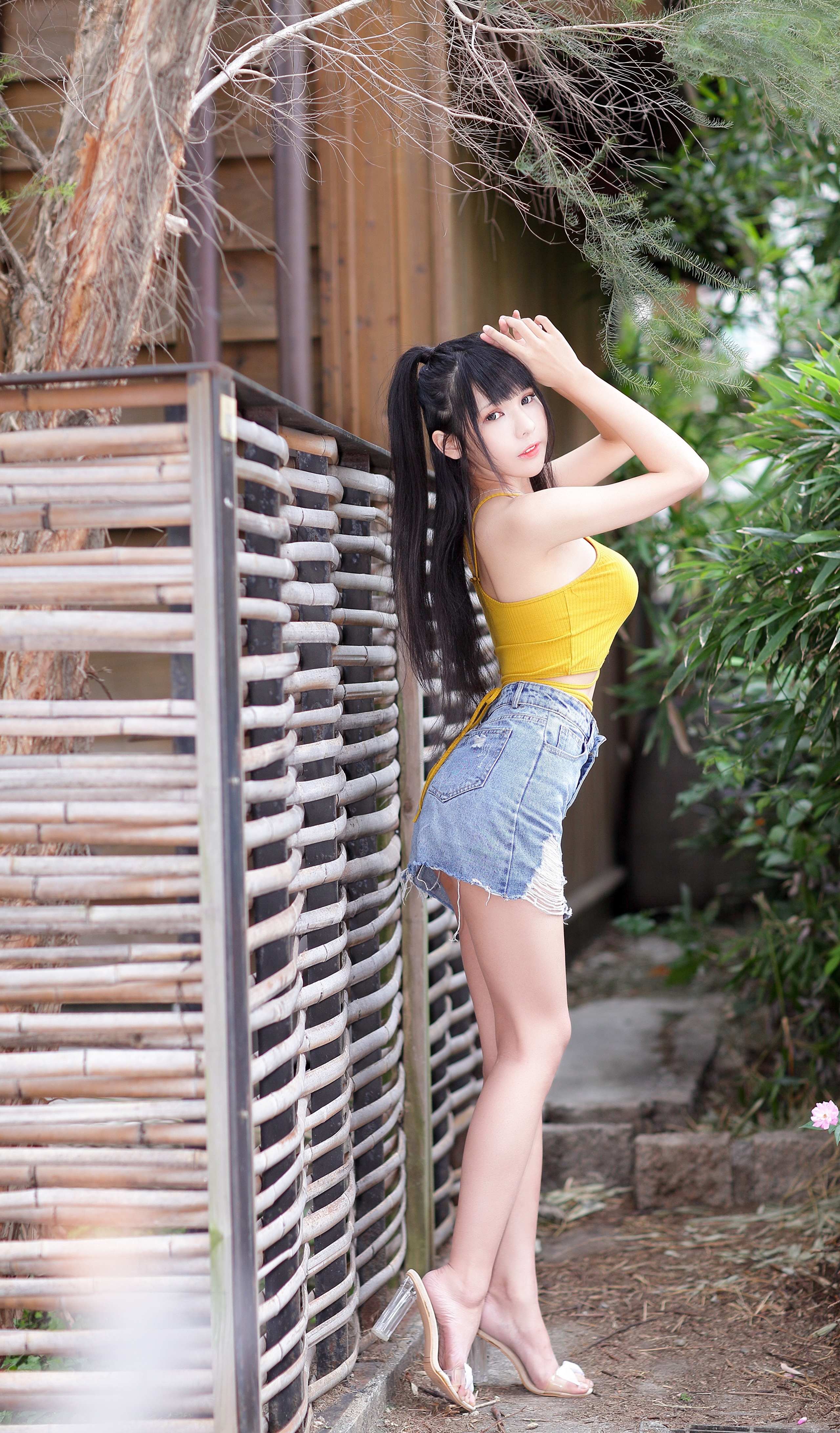 Asian Brunette girl Pose Hands Skirt Legs Stilettos HD Phone Wallpaper