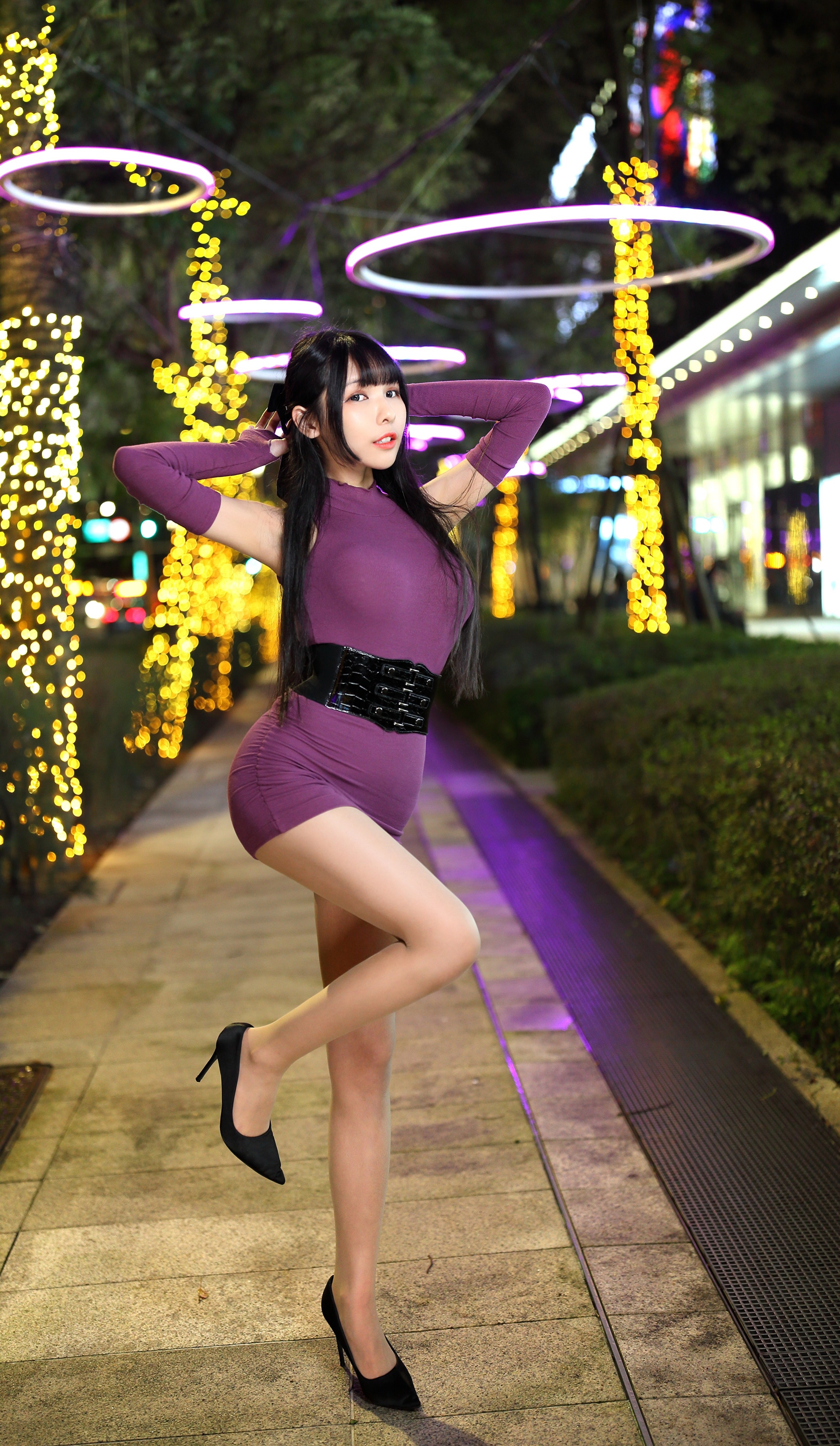 Asian woman in purple dress posing at night HD Phone Wallpaper