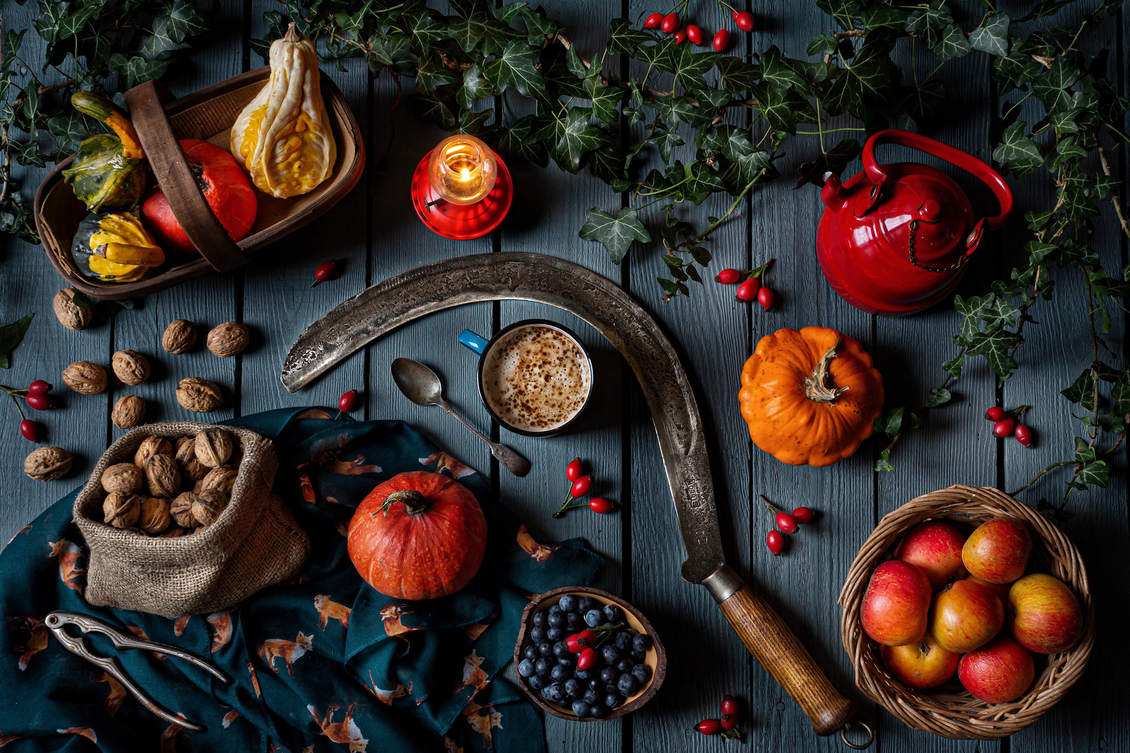 Still-life with pumpkins, apples, walnuts, blueberries, and kettle HD Wallpaper