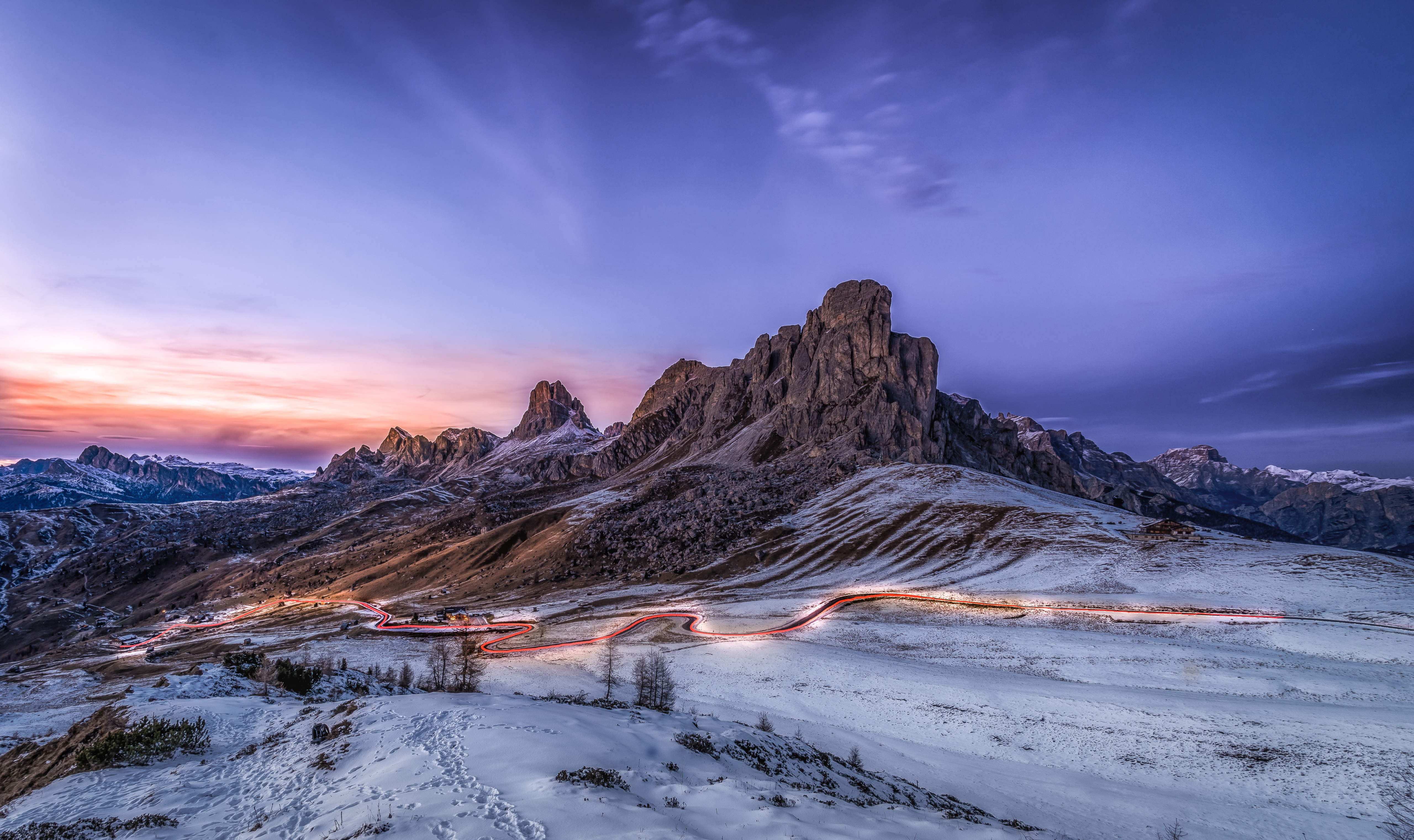 Snowy Dolomites Mountains at Dusk with Light Trails HD Wallpaper