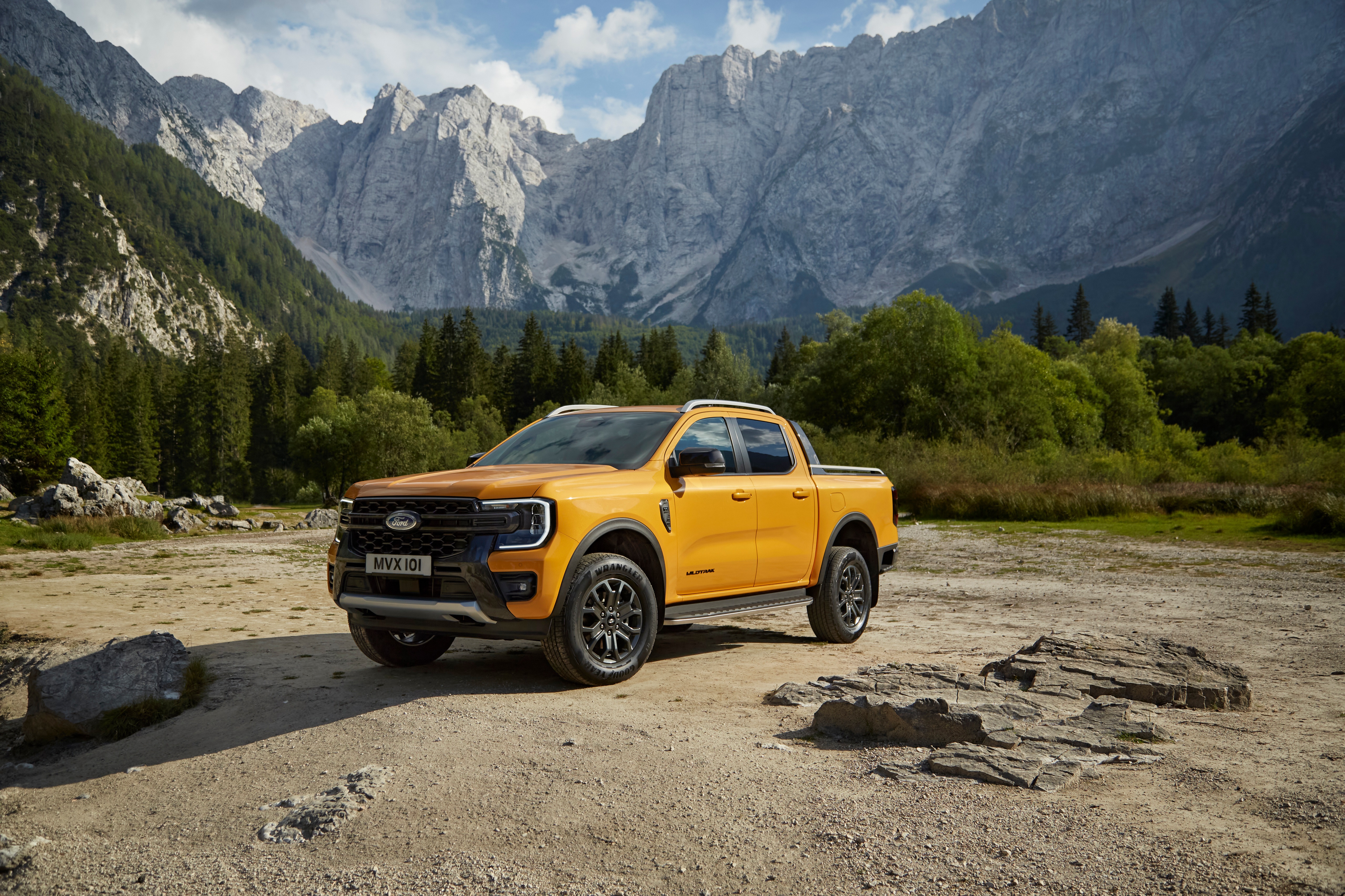 Yellow Ford Ranger Wildtrak Pickup Truck in Mountains HD Wallpaper