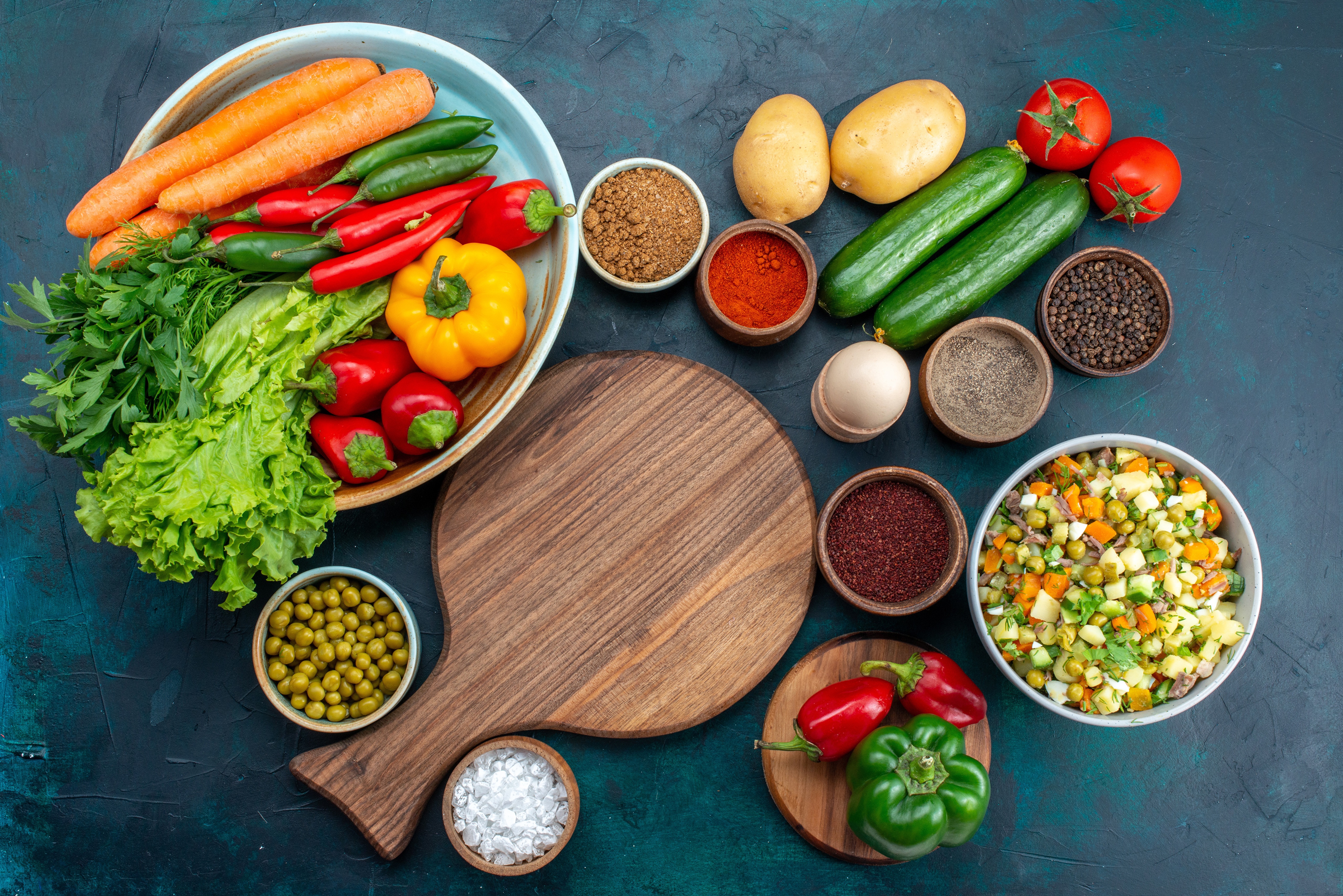 Vegetables and Spices on a Dark Surface HD Wallpaper