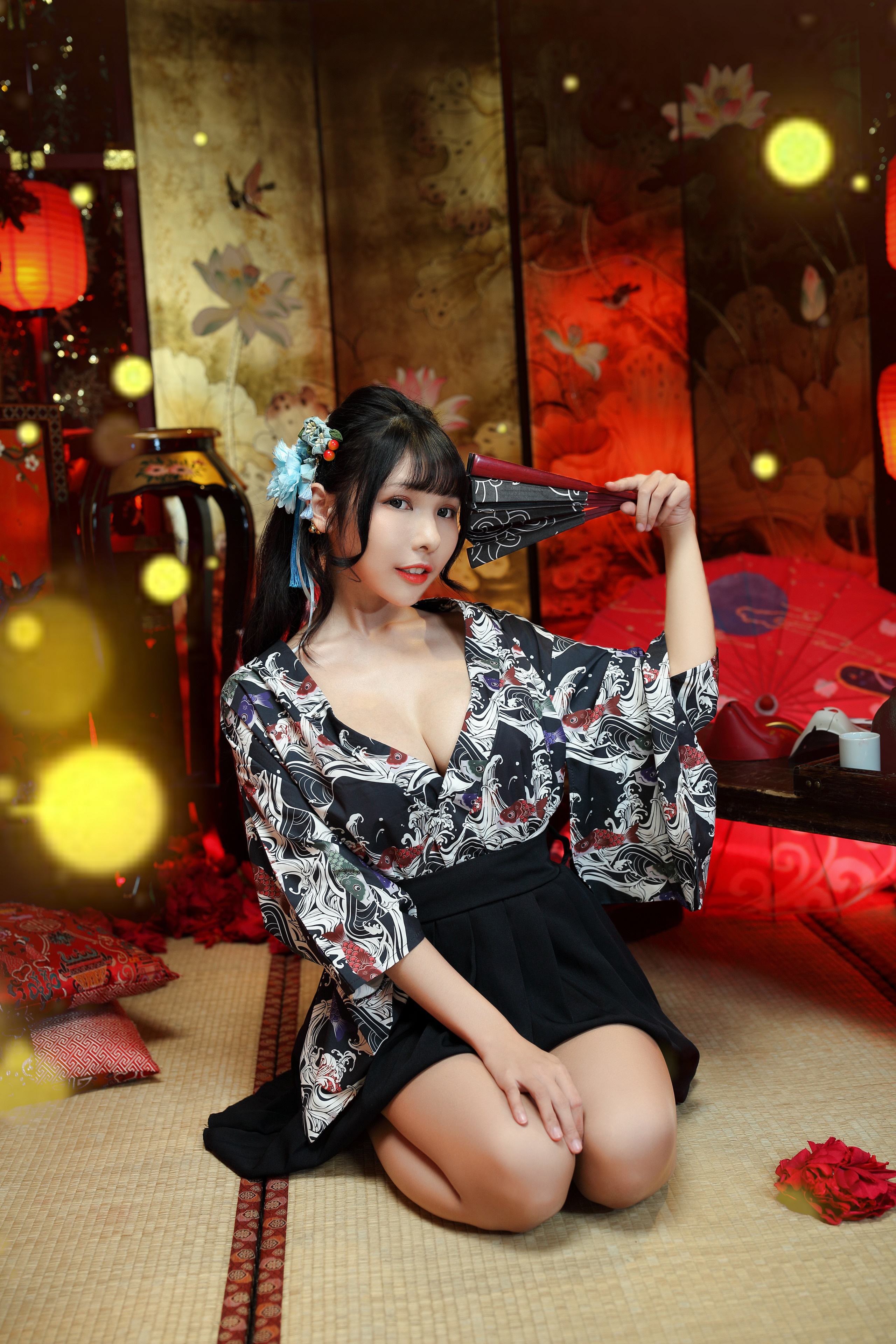 Brunette girl in kimono holding a hand fan HD Phone Wallpaper